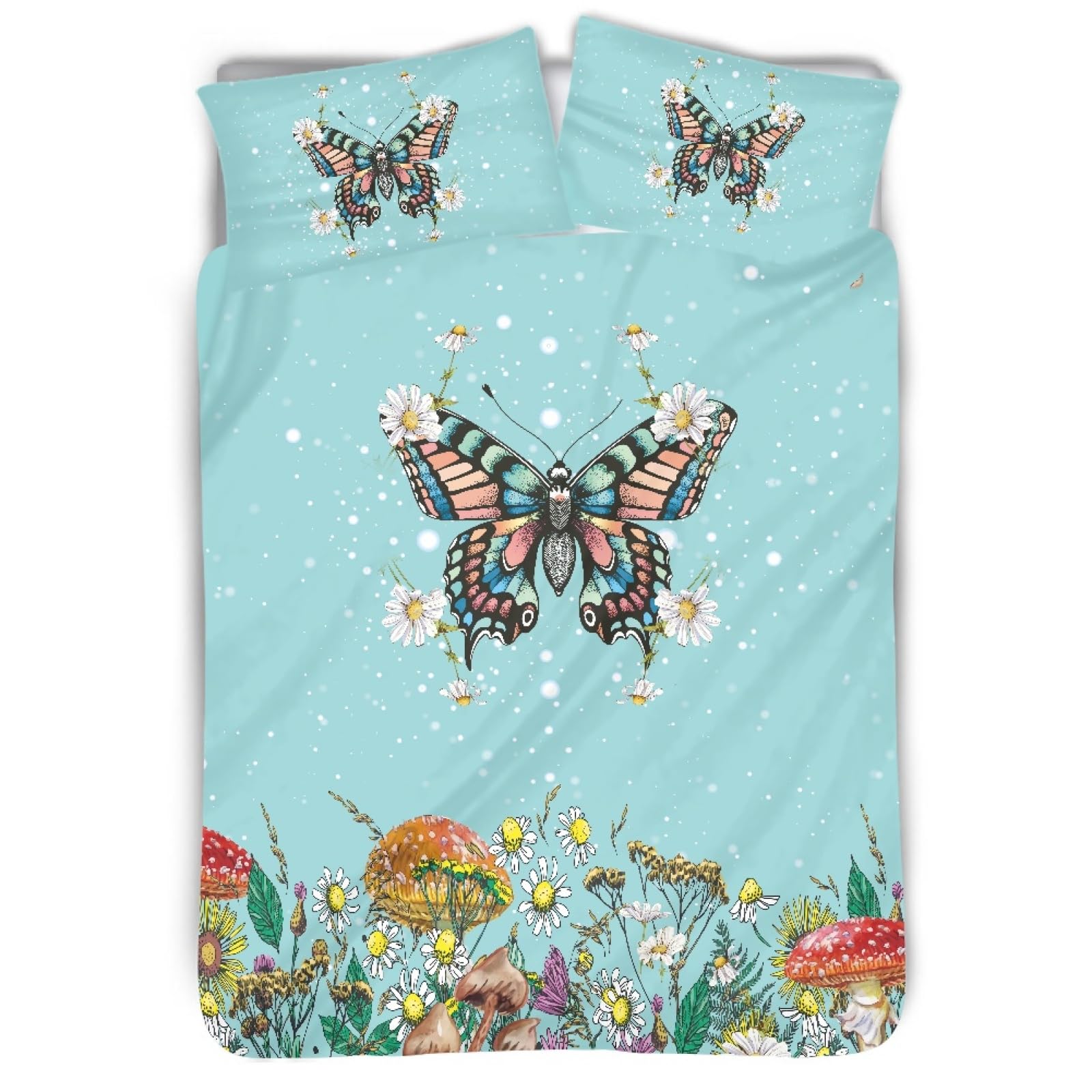 FUSURIRE Comforter Covers Set Twin Size,Butterfly Mushroom Floral Bedding Set Rustic Farmhouse Comforter Protectors for Kids Girls Teens Women, Washble Quilt Duvet Cover Sets with 2 Pillow Case