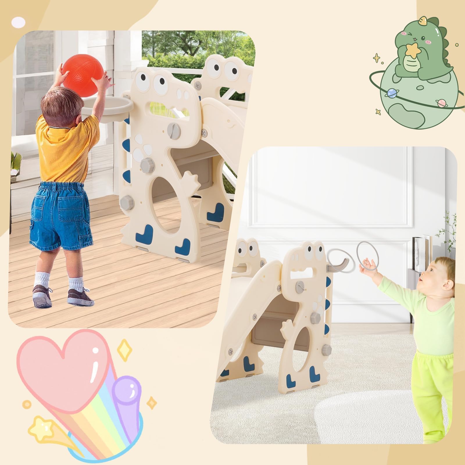 Kinder Rutsche Faltbar Kinderrutsche mit Basketballkorb und Armlehnen, Gartenrutsche Kleinkinderrutsche, Kleinkinderrutsche Indoor & Outdoor Grau