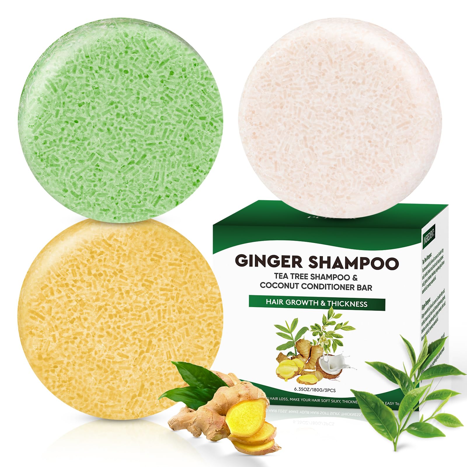 Ginger & Tea Tree Bar Shampoo and Conditioner, for Anti Hair Loss, Promote Hair Growth, Clarifying Grease, Coconut Oil Conditioner Solid Bar for Deep Moisturizing & PH Balanced