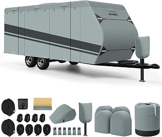 Kohree Travel Trailer Cover 27-30 ft with 8 Enlarged Vents, Sturdy & Waterproof & Anti-UV RV Camper Cover Kit with Front & Back Sign for All Weather Protection B