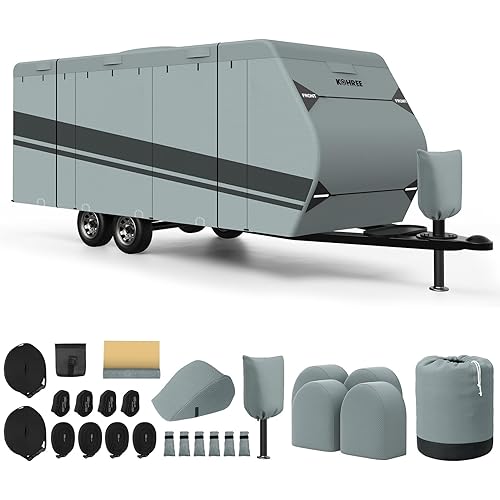 Kohree Travel Trailer Cover 27-30 ft with 8 Enlarged Vents, Sturdy & Waterproof & Anti-UV RV Camper Cover Kit with Front & Back Sign for All Weather Protection B