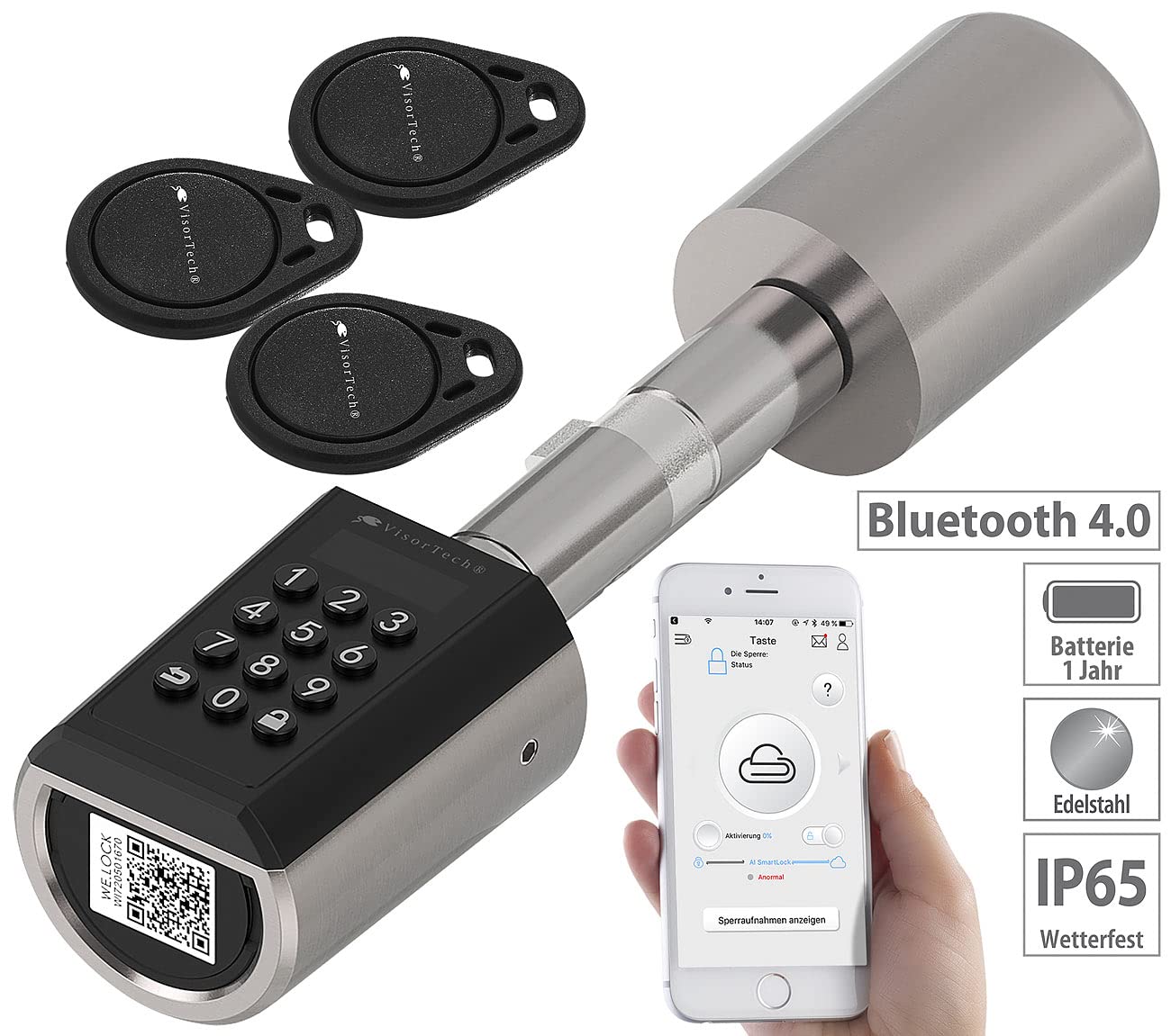 VisorTech Codeschloss: Elektronischer Tür-Schließzylinder, Transponder, Bluetooth & App, IP65 (Zugangskontrolle, Lock, Elektronische Türschloss)