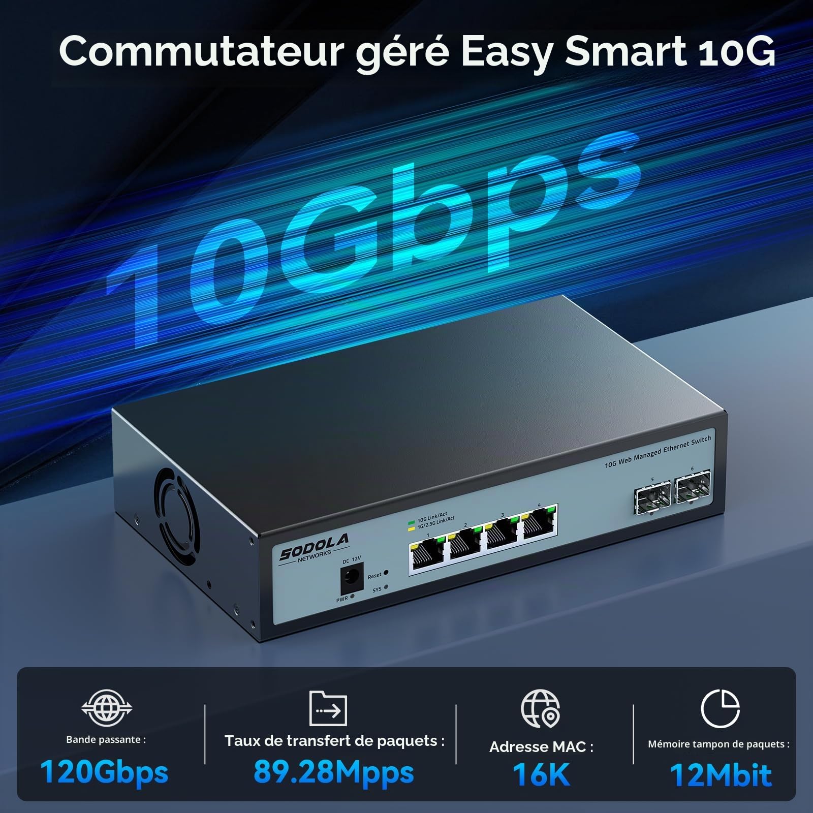 SODOLA Switch 10Gb Ethernet 6 Ports, 4x10G RJ45 & 2x10G SFP+ | Géré par web, Boîtier métallique, refroidissement ventilé, prend en charge LACP/QoS/VLAN/IGMP, montage bureau/mural