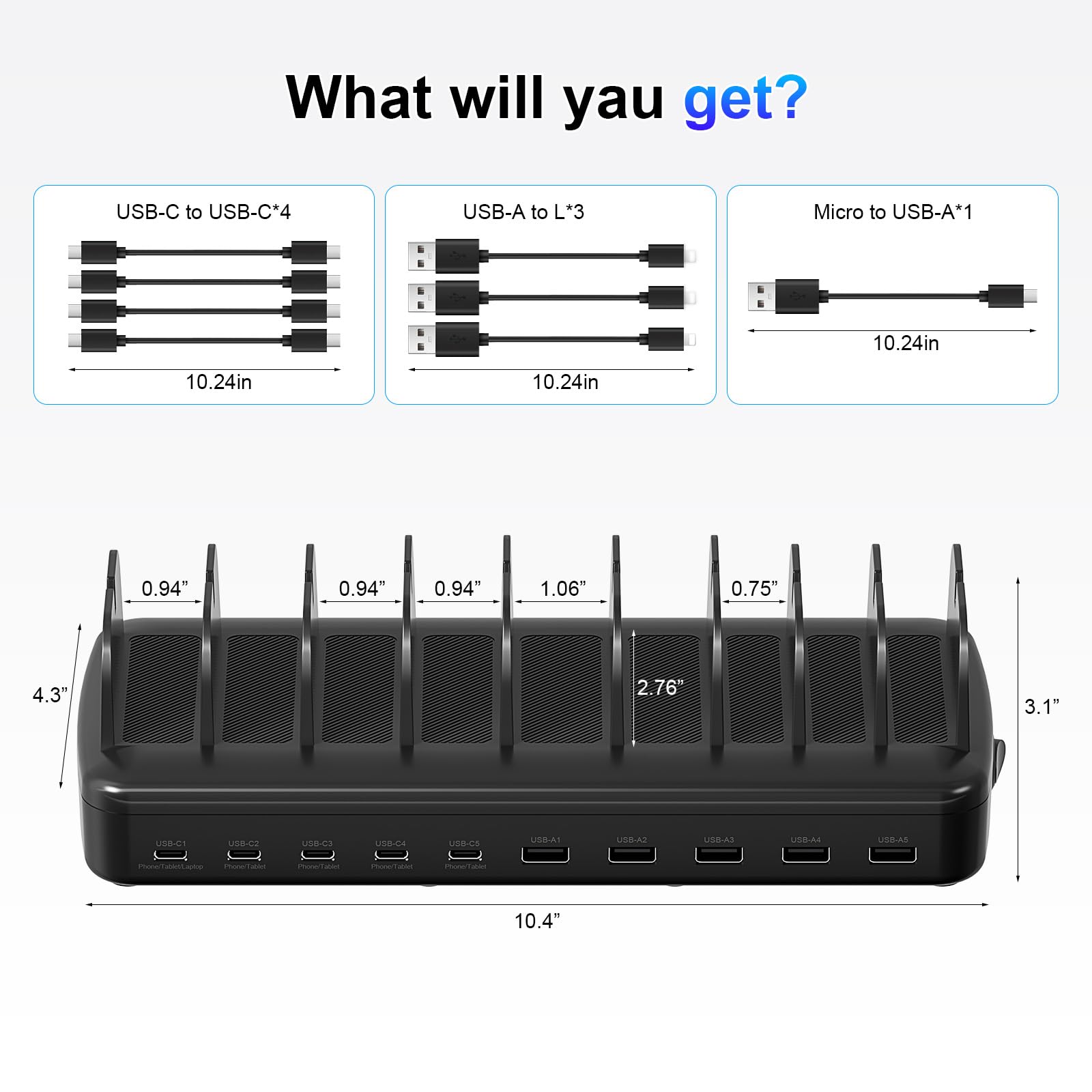 COTOP Estación de carga para varios dispositivos, 10 puertos de 65 W, cargador rápido para portátil, PD Desktop USB C Charging Station con soporte organizador, estaciones de carga doméstica