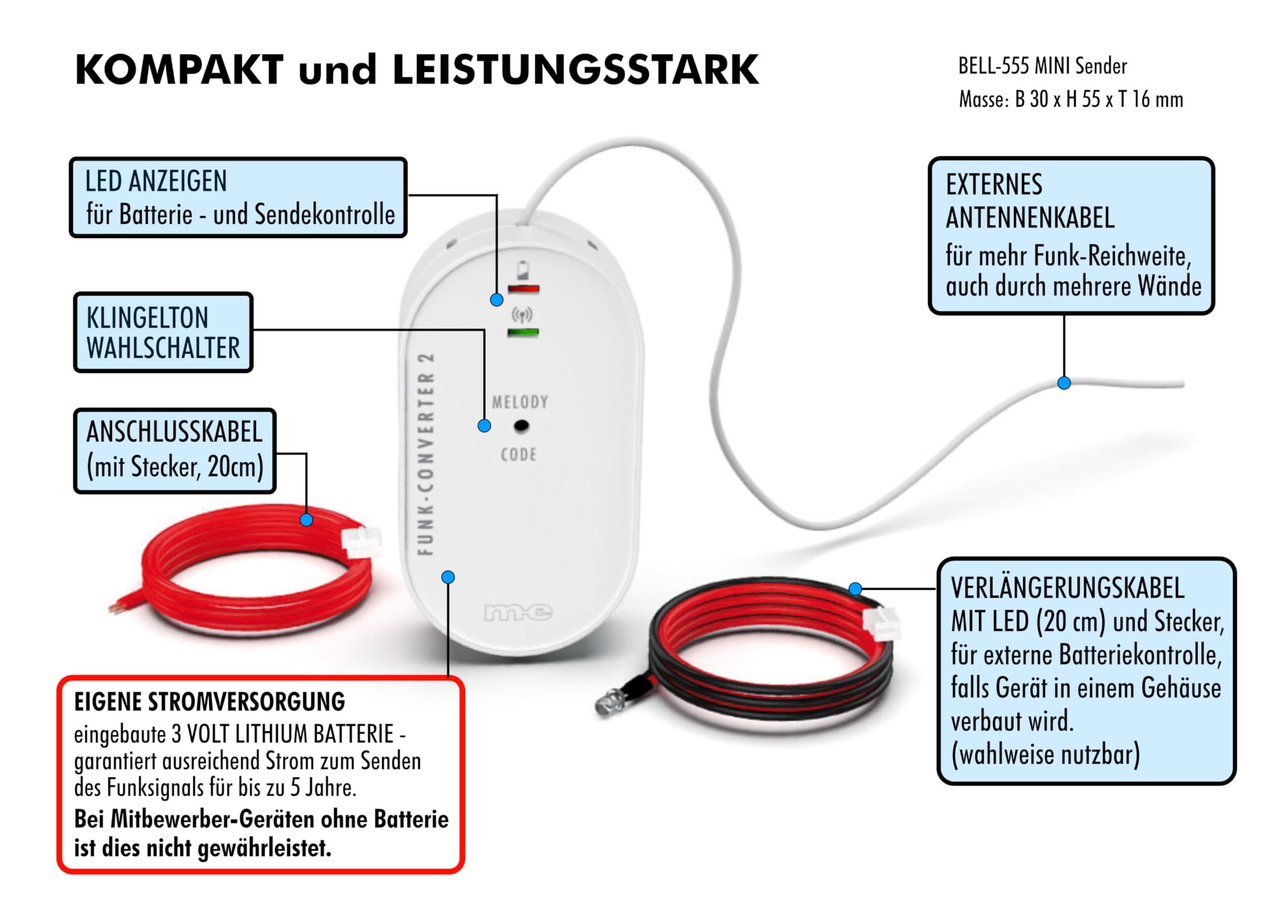 m-e Bell 5553 Funk Klingel Weiterleitung - Einbau in Klingelleitung oder Gehäuse Türklingel Erweiterung | Türklingel Verstärker (Funk Converter + Klingel (Batterie))