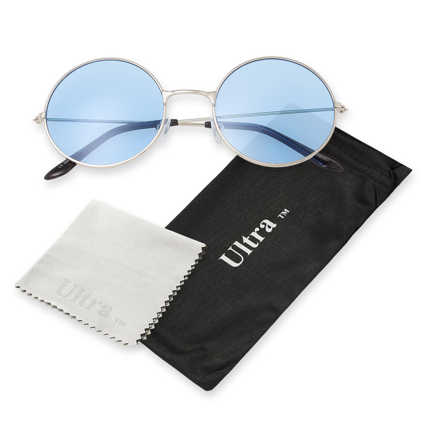 Ultra Round Sunglasses for Men & Women UV400 & Carry Pouch Cleaning Cloth - Unisex Retro Large Circle Glasses with Spring Comfort Fit Hinges - Sunglasses - Metal Framed - Silver with Blue Lenses
