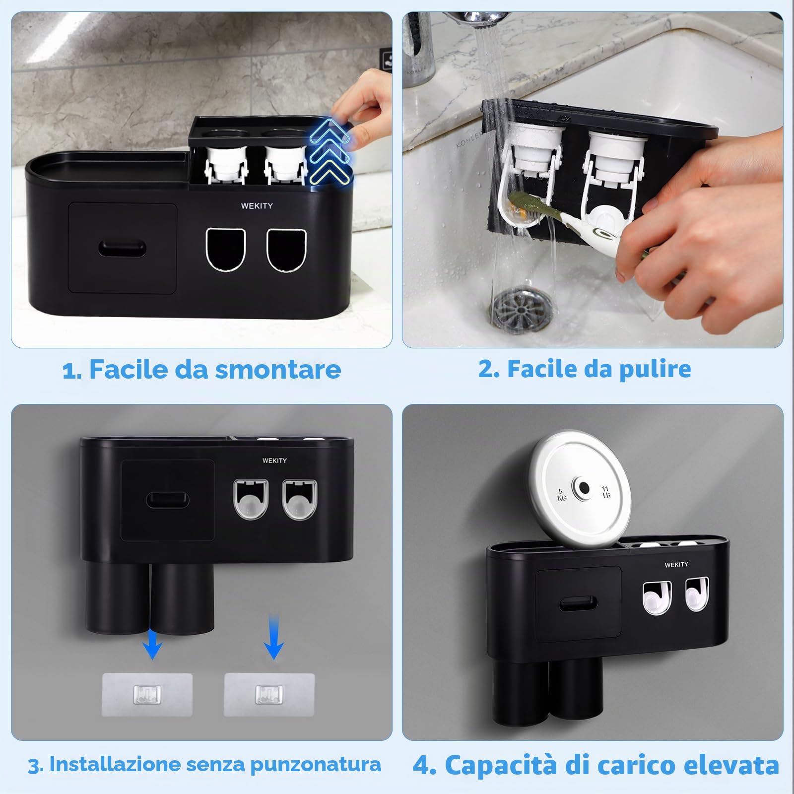 Portaspazzolino da parete multifunzione, dispenser automatico di dentifricio, salvaspazio, con 2 tazze e cassetti, organizer per cosmetici (nero 2 dispenser)