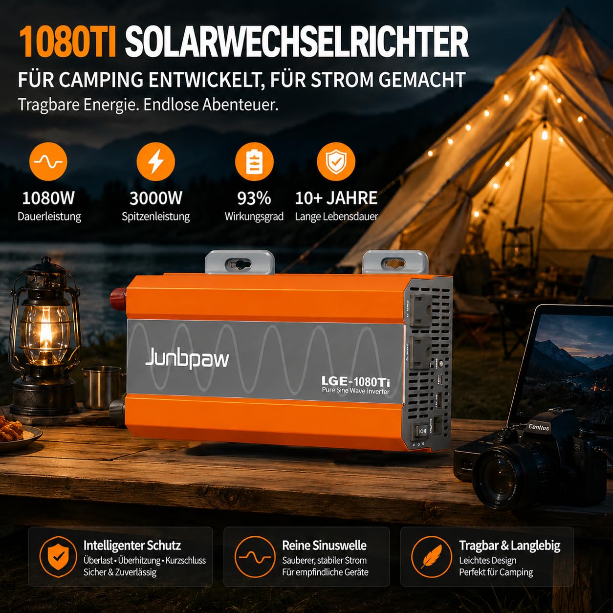 1080W Reiner Sinus Wechselrichter 12V auf 230V AC | Leiser Lüfter & Feststoffkondensatoren, 3000W Spitzenleistung, Innovatives Design für Zuhause, Wohnmobil, Camping, Off-Grid & Outdoor-Abenteuer