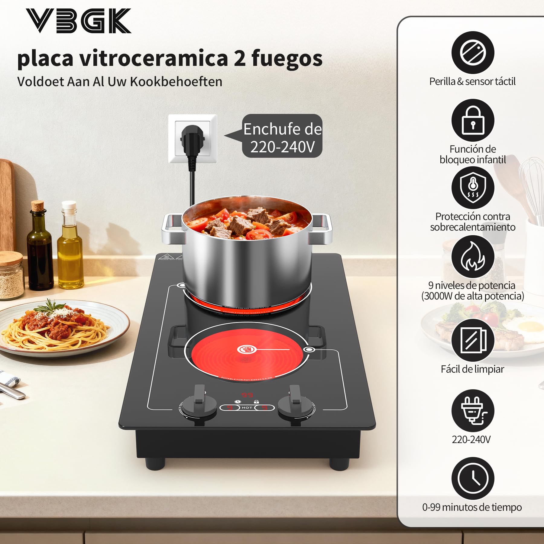 VBGK vitro portatil 2 fuegos, 220V 3000W placa vitroceramica con botón de control, 9 niveles, bloqueo y temporizador para niños