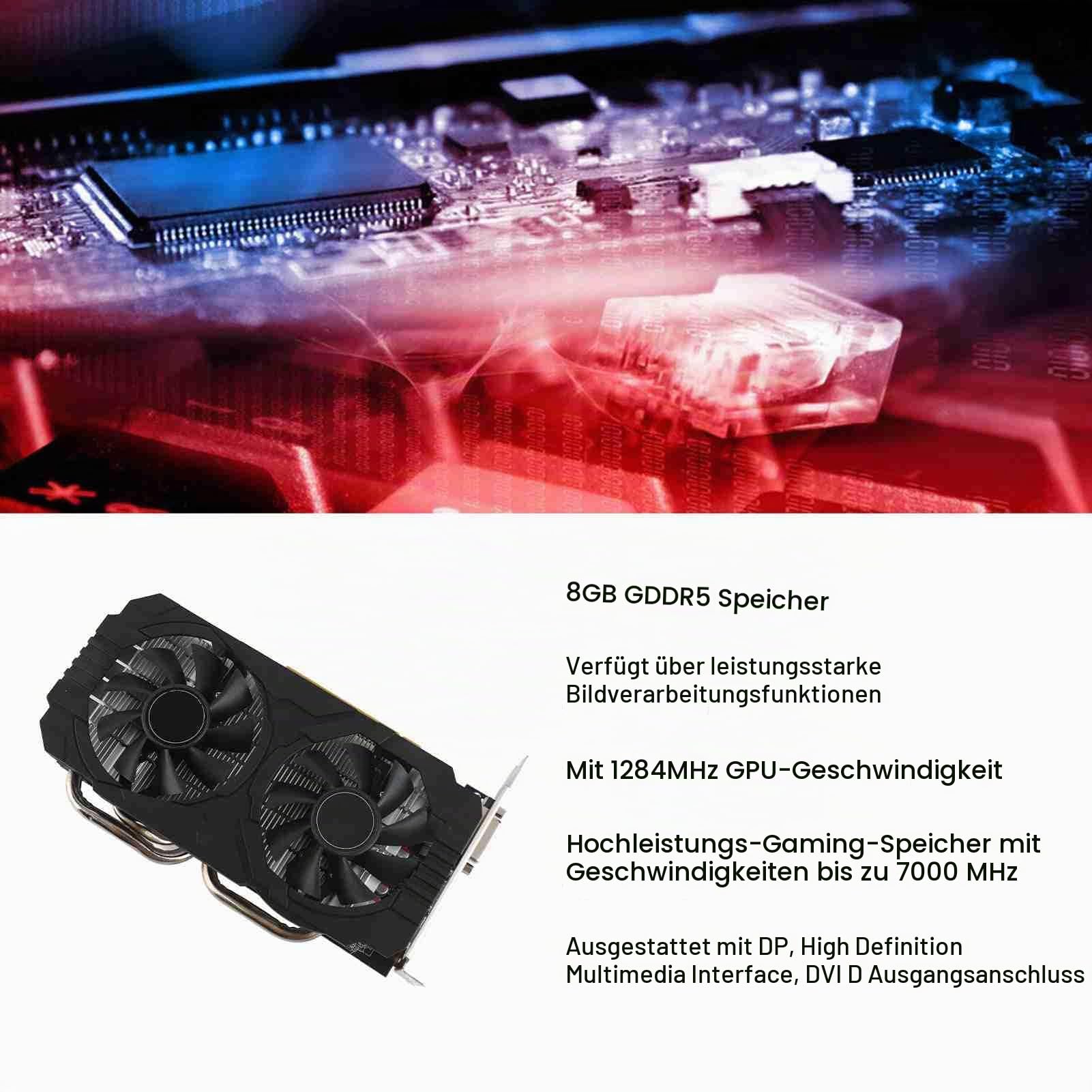Akozon Grafikkarte RX 580-Grafikkarte 8 GB GDDR5 256-Bit-Grafikkarte Unterstützt 8K 2 Kühlventilatoren 16 PCI-Express Gaming-Grafikkarte 3.0