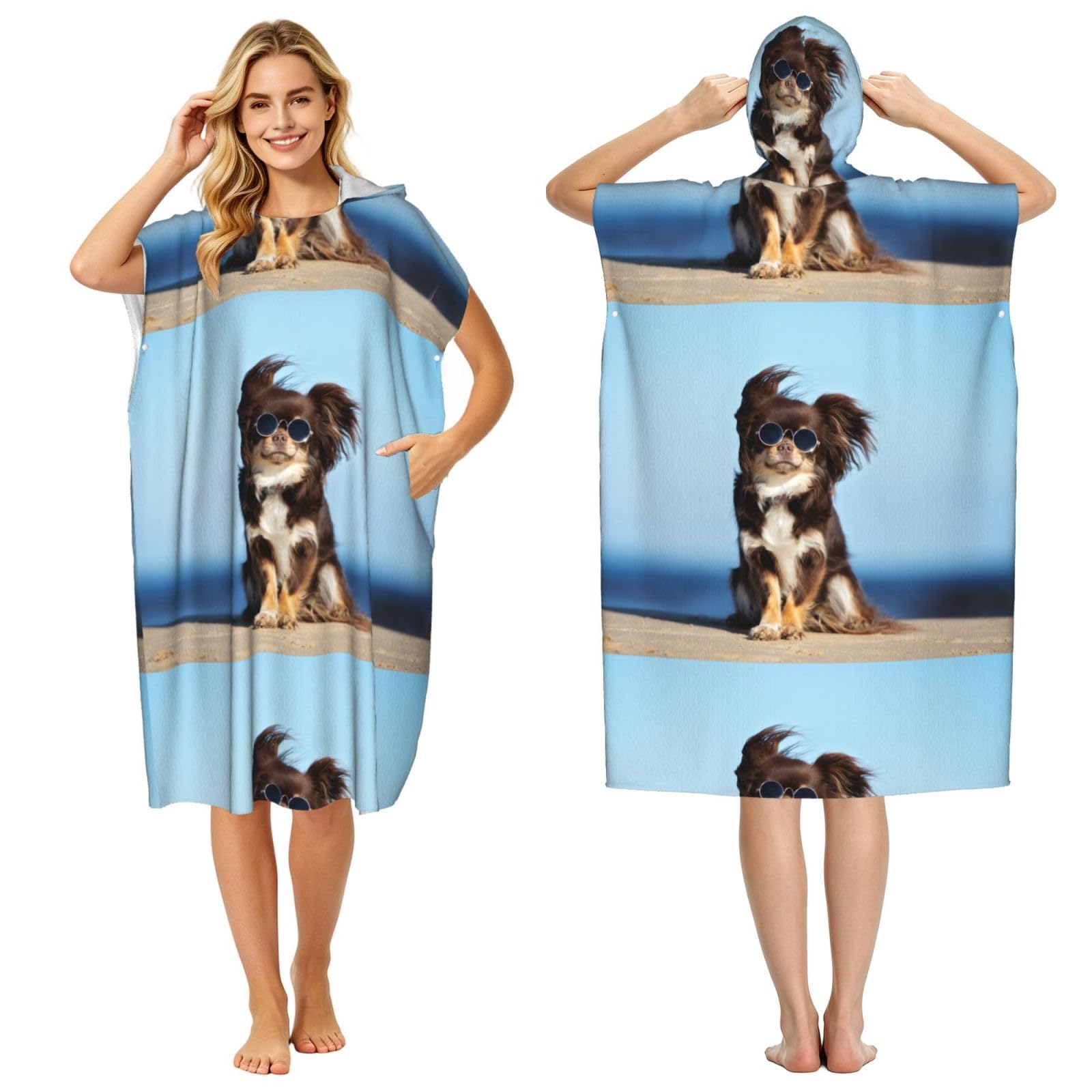 Poadnly Funny Chihuahua Dog, Adult Hooded Beach Towel 90 x 110 cm,Changing Bath Robe, Surf Poncho Towel For Women Men