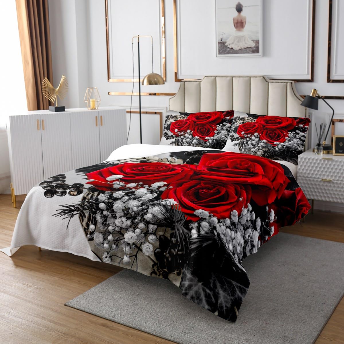 Rose Floral Bedspread Set Queen, Romantic Red Flowers Quilt Set for Girls Women Kids Teens, Vintage Farmhouse Style Coverlet Set, Valentine 3D Rose Bedding Set with 2 Pillow Cases, Red Gray Black