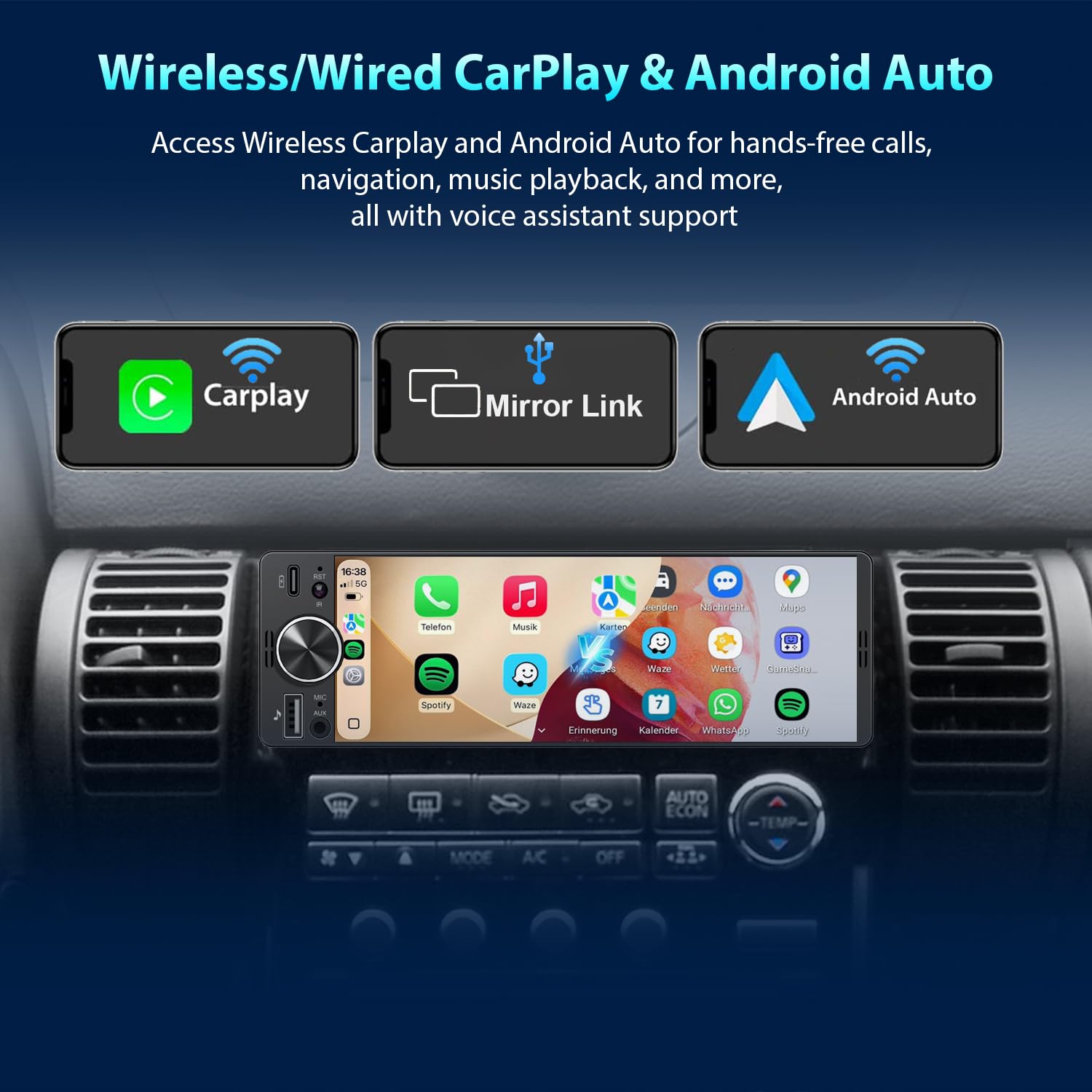 Autoradio 1DIN Mit Bildschirm (6,3") Kompatibel Mit Apple CarPlay [Wireless] Android Auto Bluetooth USB (Typ-C 3A Schnellladung) Rückfahrkamera AM/FM/RDS Radio