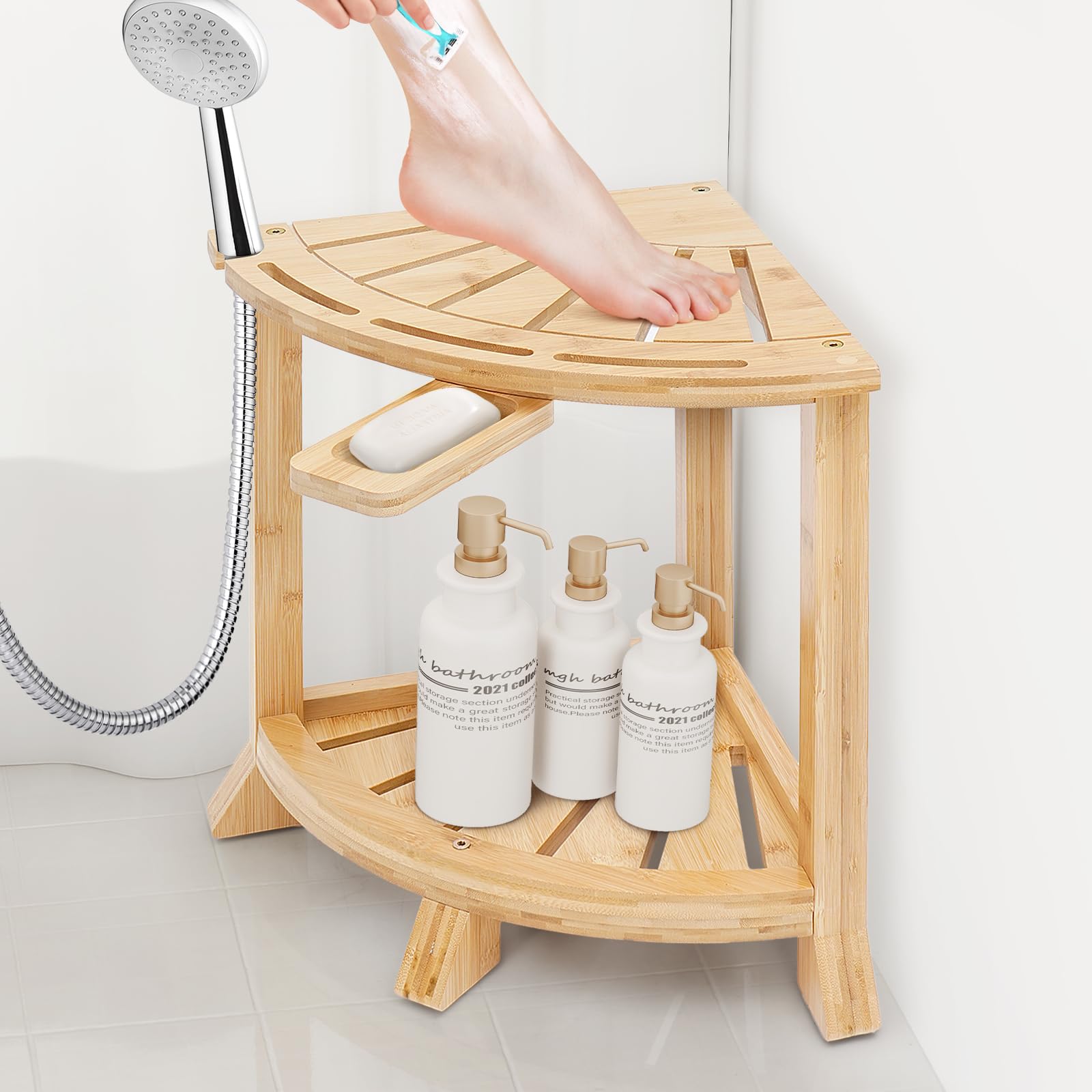Bamboo Shower Stool with Storage Shelf, 2-in-1 Corner Stool & Foot Rest, Non-Slip Waterproof Bathroom Seat for Elderly, Shaving, 18 Inch