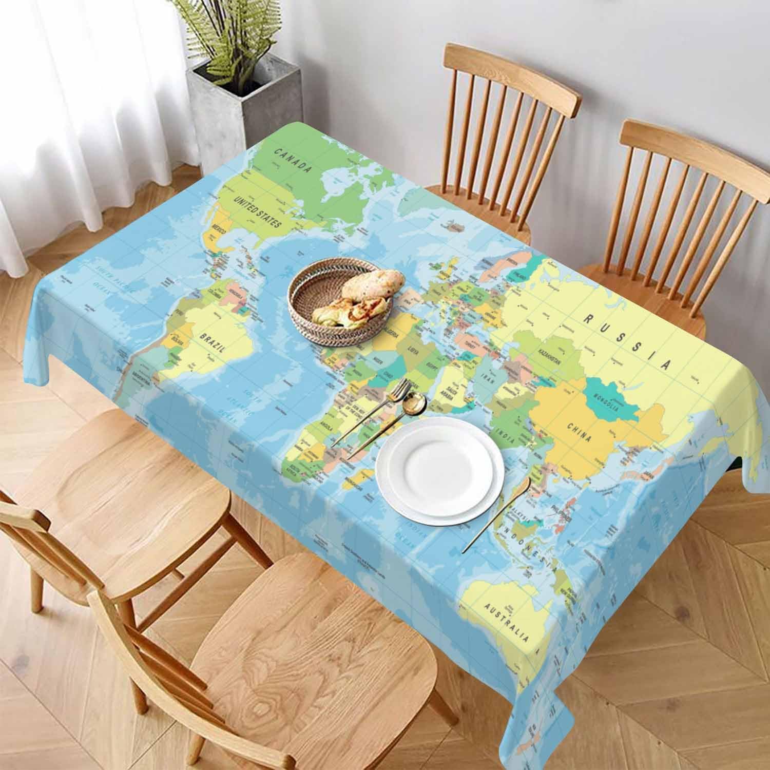 Tovaglia Antimacchia 300x140 cm Rettangolare Mappa Del Mondo Tovaglie Impermeabile 3 Metri Copritavolo Poliestere Protezione Tavolo Oceano Blu, per Feste (12-14 Posti) a-4258
