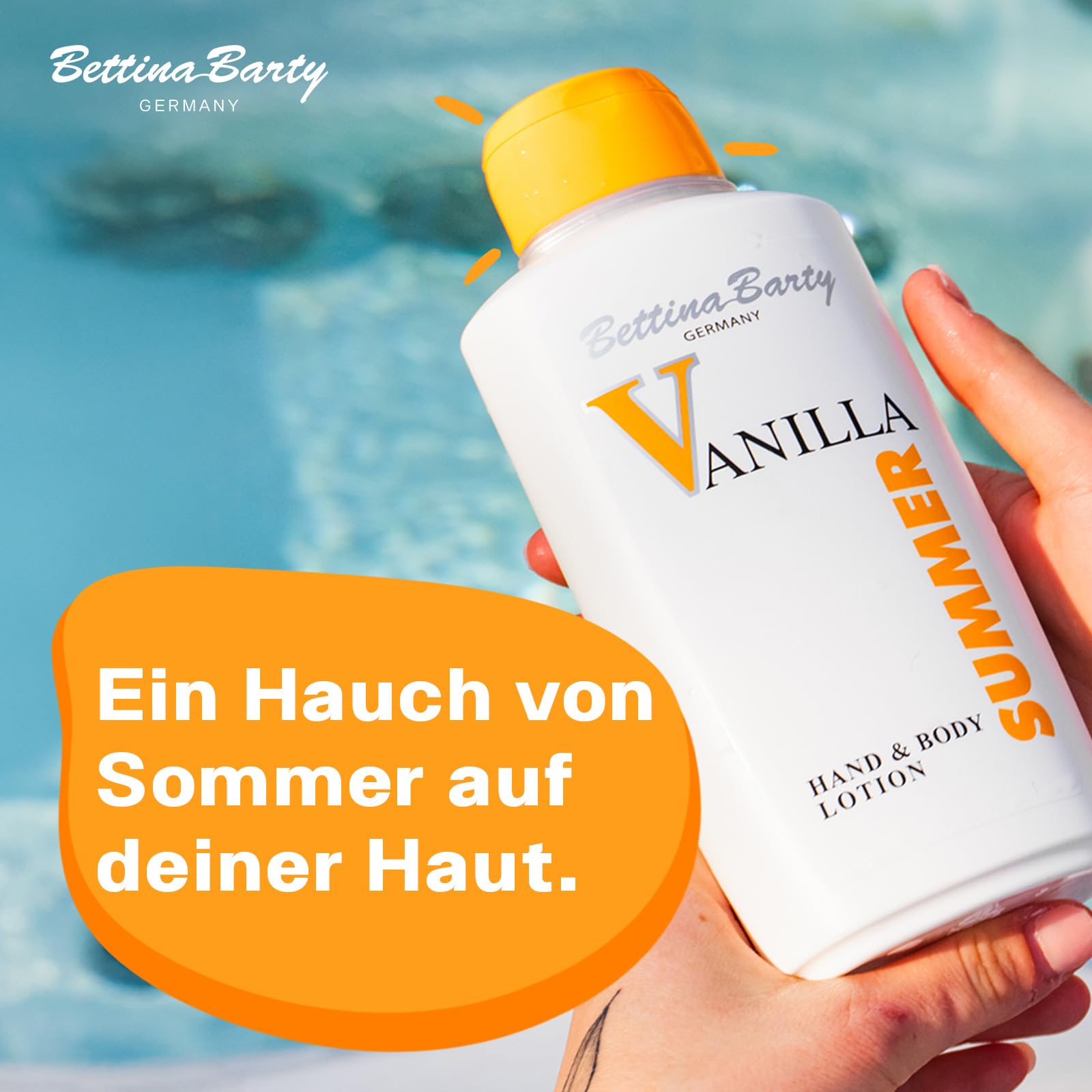 Bettina Barty Summer Vanilla Hand & Body Lotion 12 x 500 ml – Feuchtigkeitspflege mit sommerlichem Vanilleduft für Haut & Hände – mit schnell einziehender Formel
