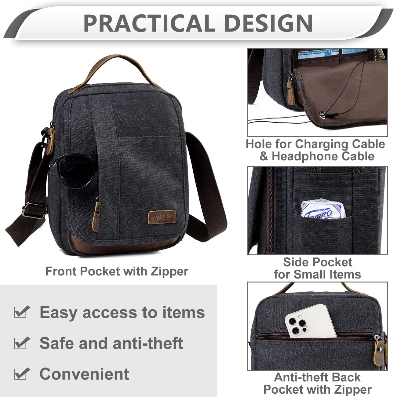 VASCHY Bolso Bandolera Hombre Pequeño de Lona y Cuero, Resistente al Agua, 7,7 L, Cabe iPad 10,2", Bolsillo Trasero Antirrobo, Múltiples Bolsillos, Para Trabajo y Viaje, Gris Oscuro