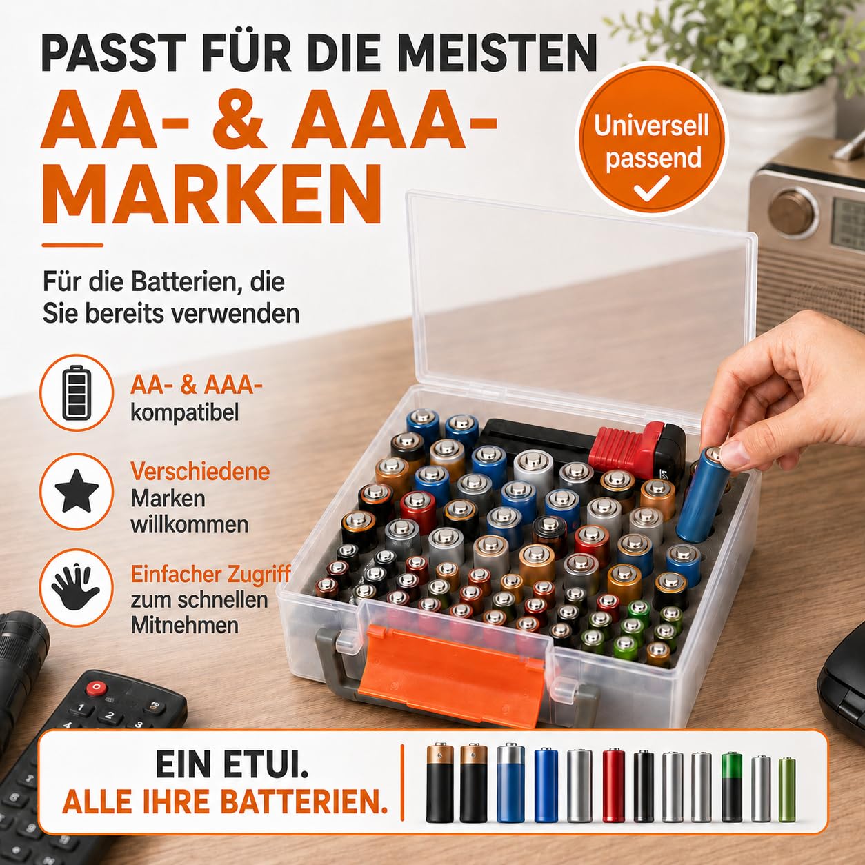FULLCASE Battery Organizer, Batteriebox mit Tester, Batterie-Aufbewahrungsbox für 34 AA-/30 AAA-Batterien, kompakter Batteriehalter aus Kunststoff für Küchenschublade, Werkzeugkasten und Camping-Set