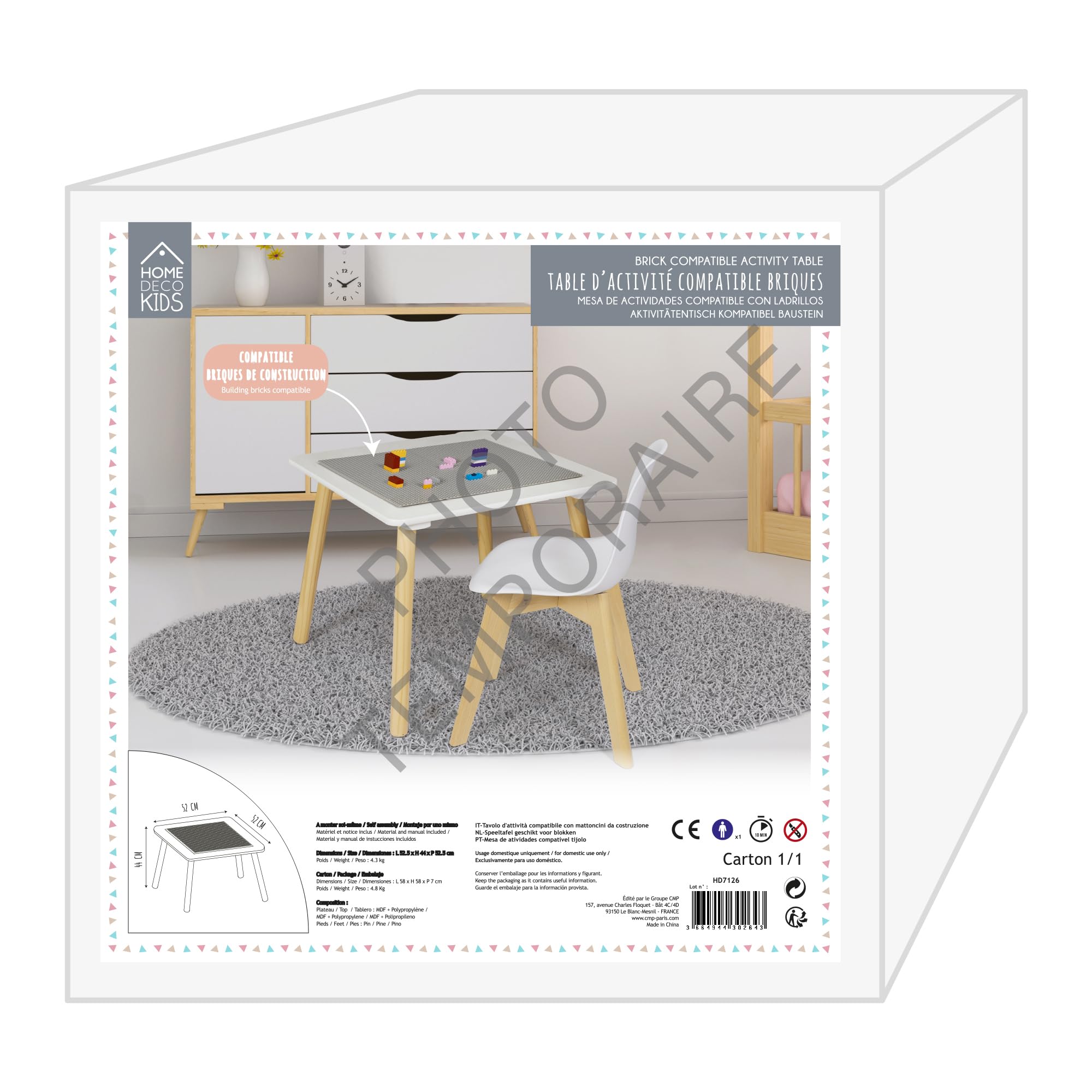 HOME DECO KIDS - HD7126 Table d'Activité pour Enfants - Mobilier de Décoration - Chambre - Matériaux Naturels - 52 x 52 x 44 cm - Blanc/Gris Clair/Bois