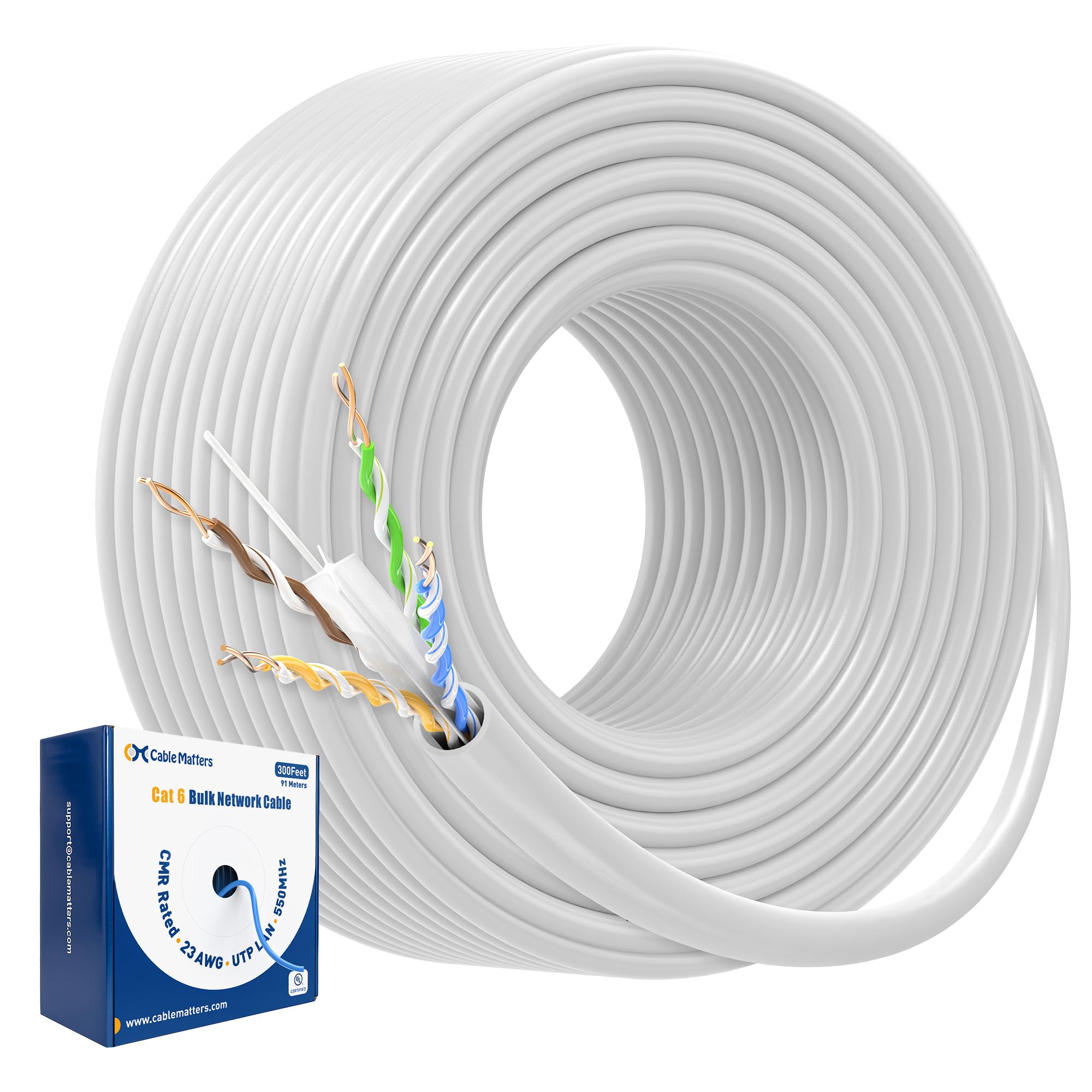 Cable Matters Cavo Ethernet Cat6 in rame nudo da 10 Gbps (CMR) da 10 Gbps con cavo Ethernet Cat 6, 91,4 m, cavo Ethernet Cat 6, colore bianco