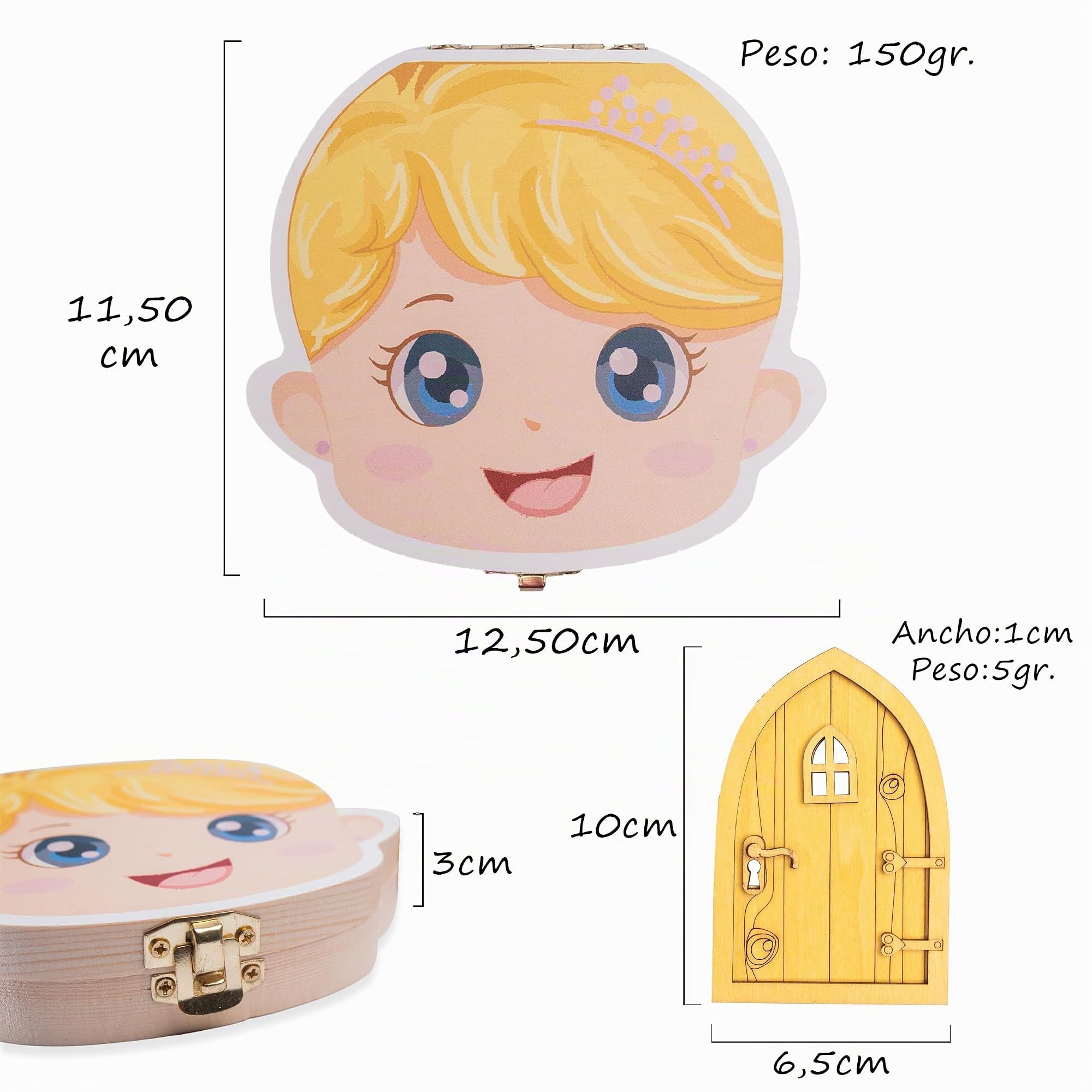Pack Puerta Ratoncito Perez + Caja Dientes de leche Niño Niña. Caja Recuerdos Bebe. Madera de Calidad (Niño)