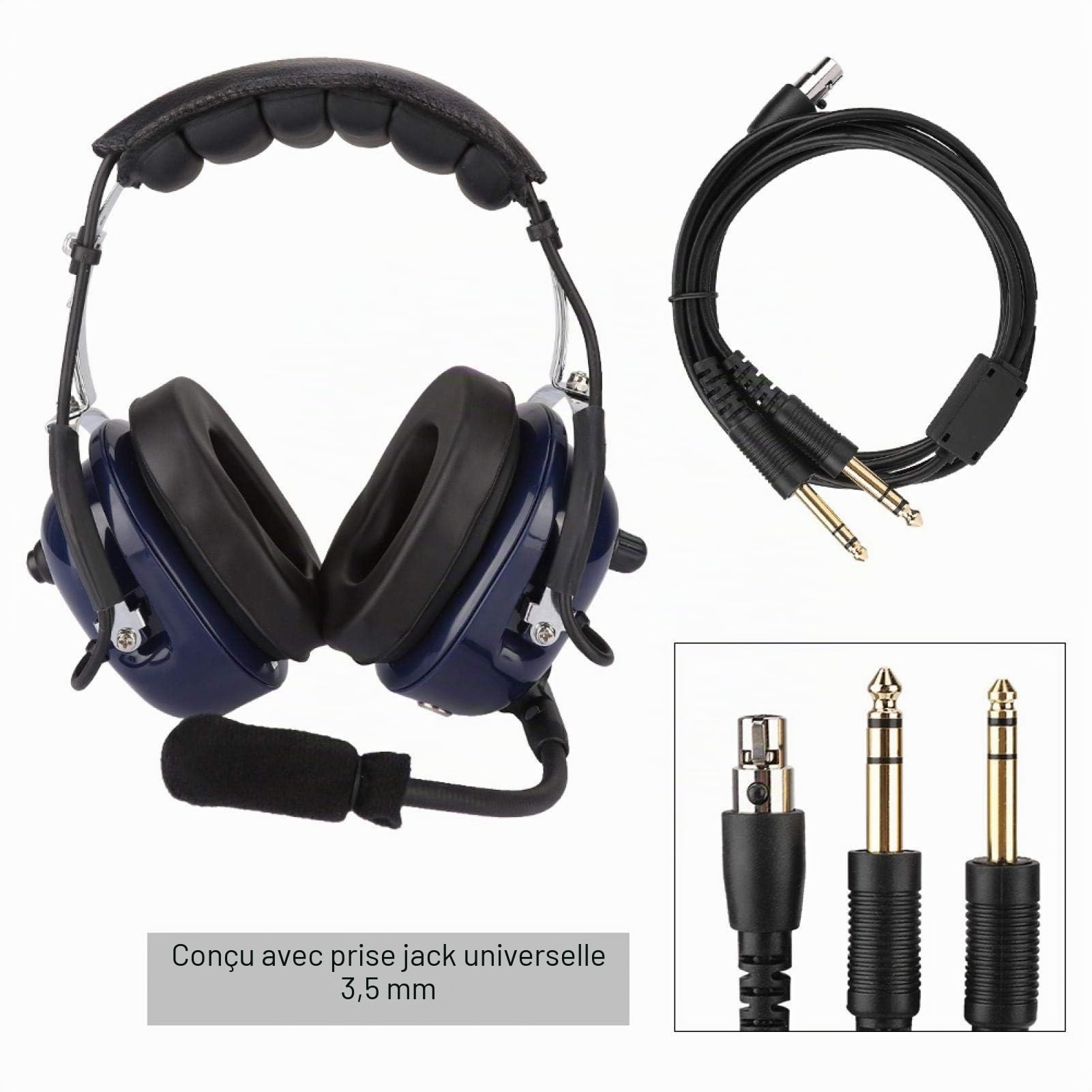 Casque d'aviation Universel, Double Prise 3,5 mm réduction du Bruit Casque réglable en Acier Inoxydable Bandeau Pilote, pour Pilote d'aviation, Noir