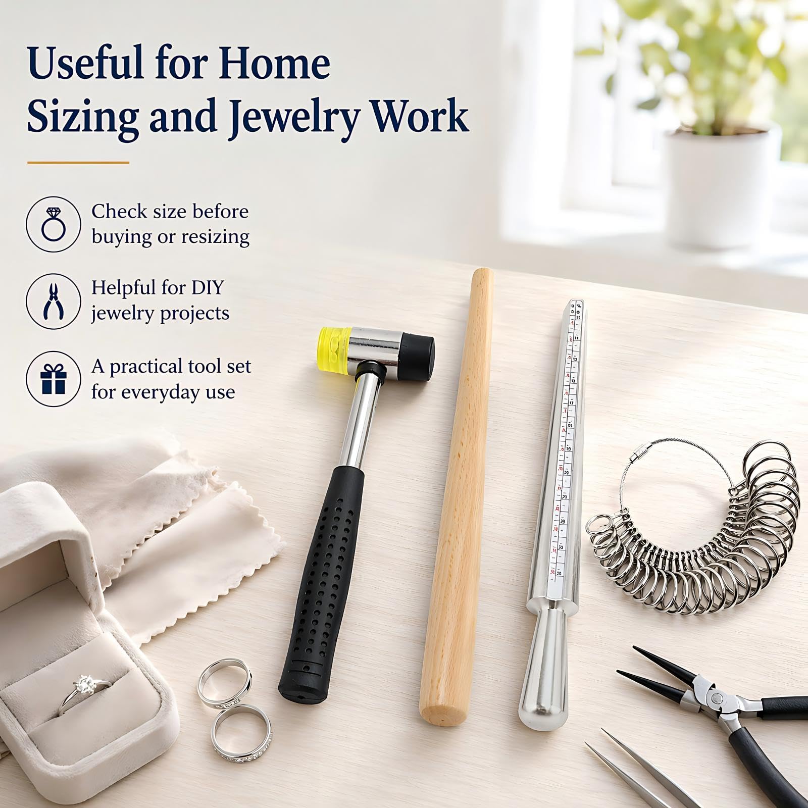 Ringdorn Metall Ringmaß Set mit Schmuck Gummihammer Hammer Ringe Größe Messwerkzeuge Fingerlehre Holz Ring Shaper Werkzeug Juwelier Reparatur Kit