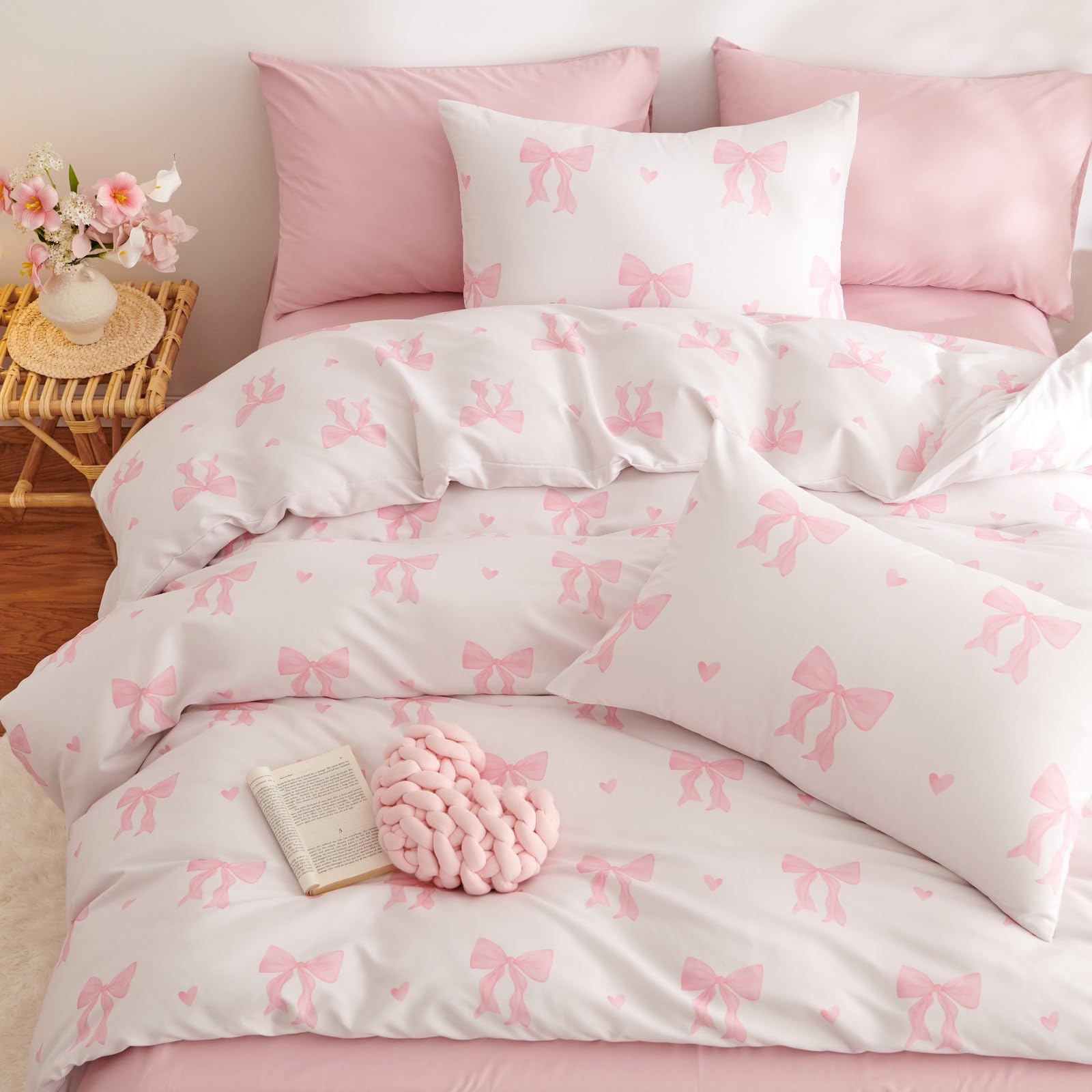Freyamy Blumen Bettwäsche 135x200cm 2teilig Grün Weiß Blätter Pflanzen Wendebettwäsche Floral Mädchen Bettwaren-Sets 100% Microfaser Bettbezug mit Reißverschluss und Kissenbezug 80x80cm