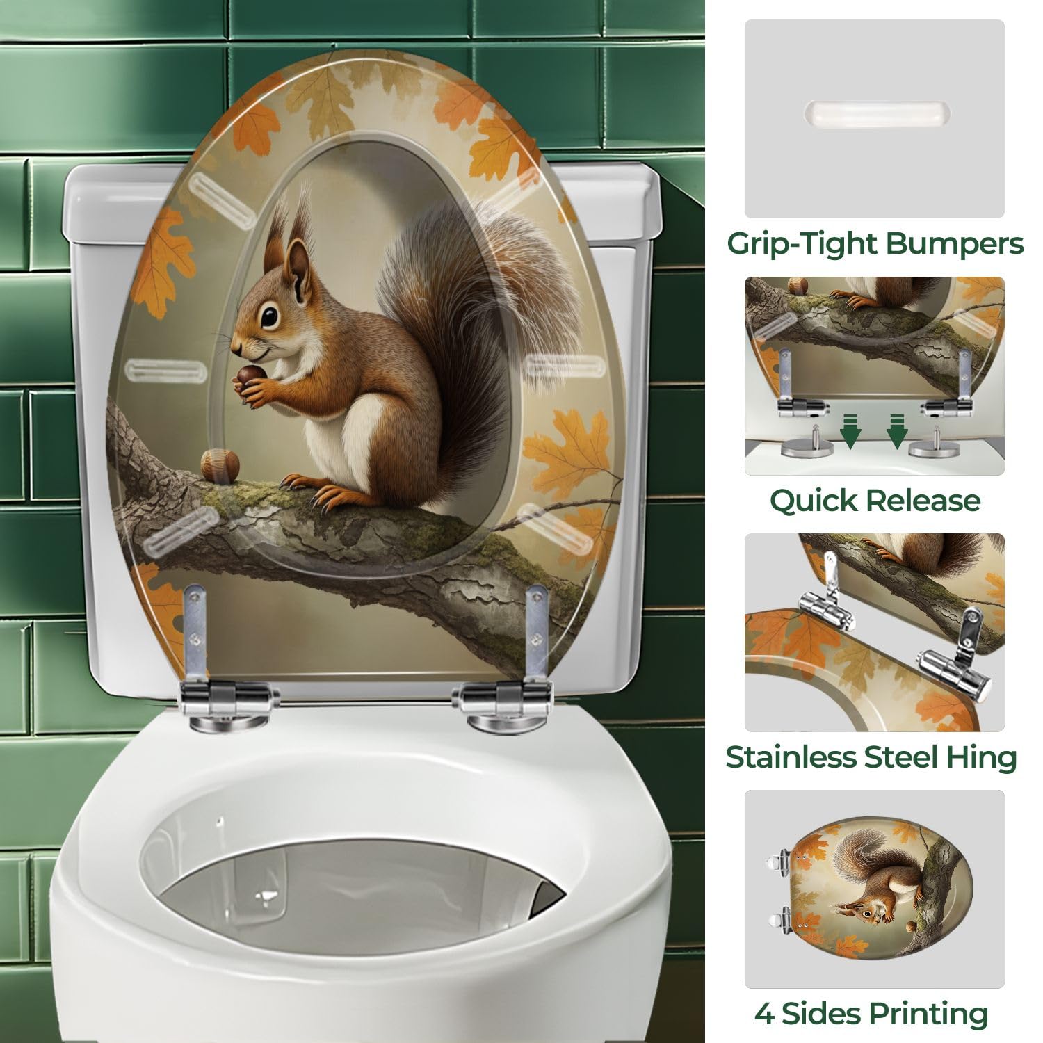 Asiento de inodoro alargado de resina decorativa con bisagras de liberación rápida para baño.