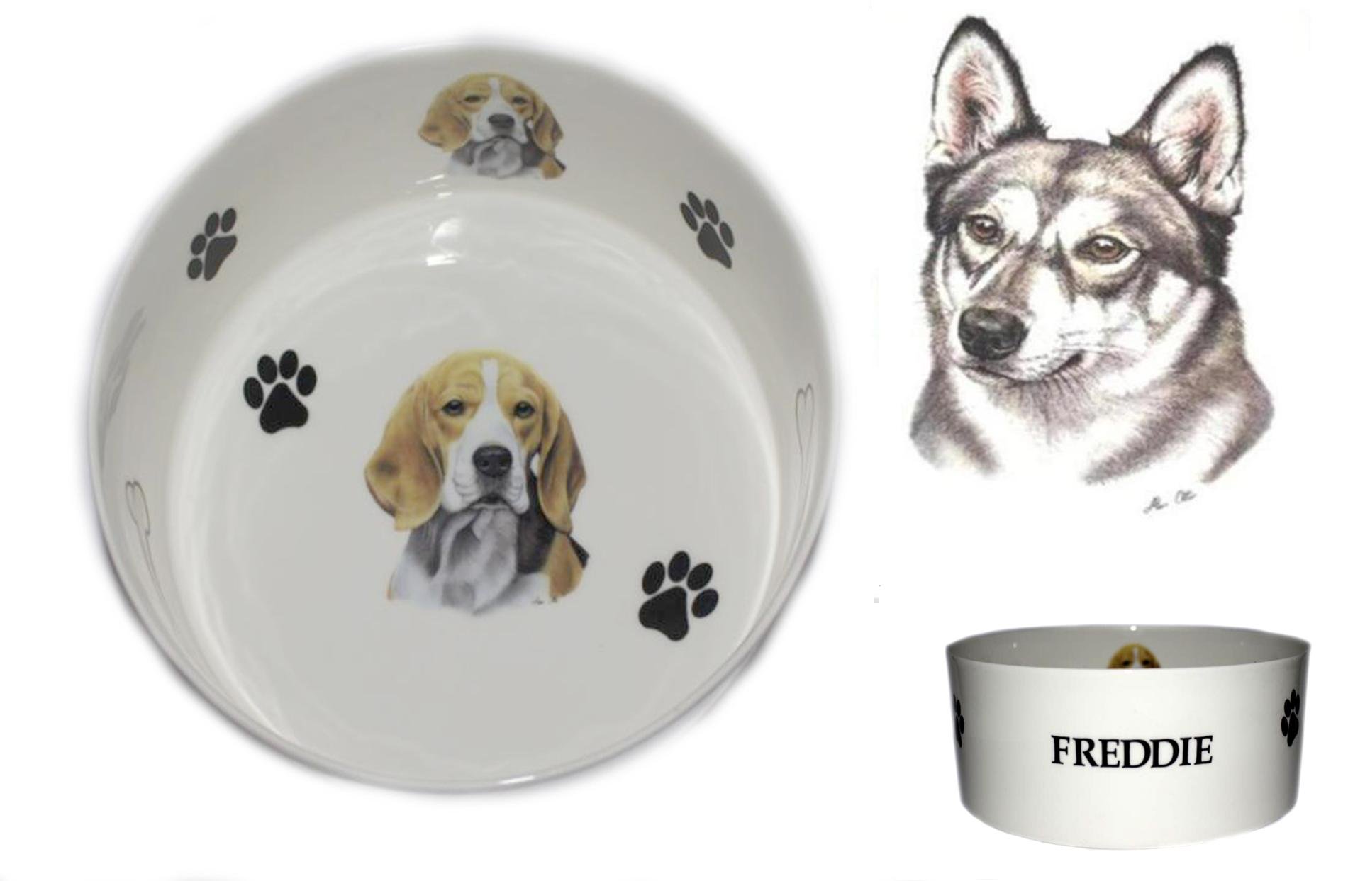 (BB61) Bone China Personalised Siberian Husky dog food/water pet bowl decorated with PAWPRINTS AND BONES, Personalised with name of your choice- Many dog breeds available. Fun, colourful, new pet bowls.