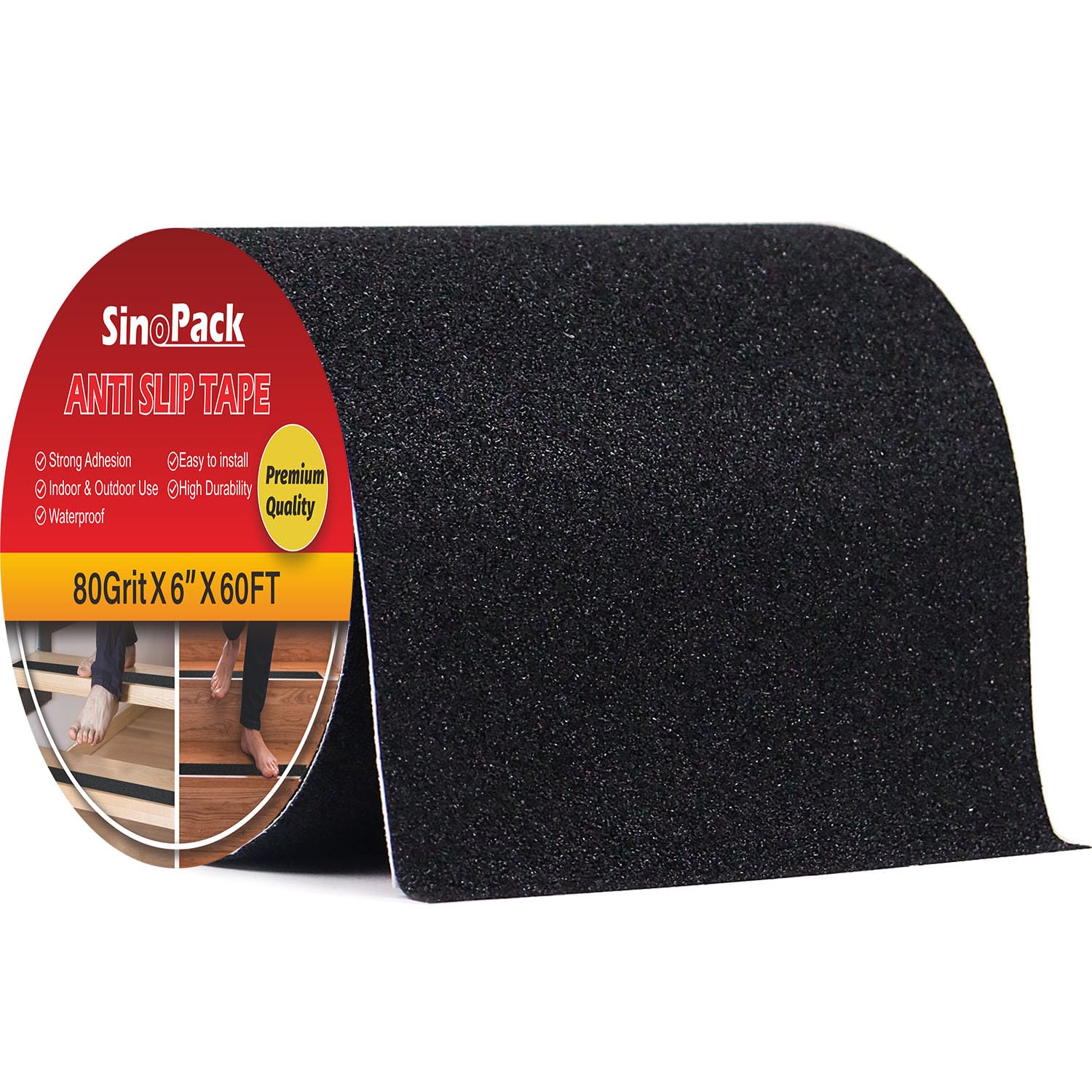 SinoPack 6" Anti Slip Tape, Black Non Slip Ramp for Outdoor 6Inch x 60FT Non Skid Tape, Best Grip Non Slip Strips Tape High Traction Friction Abrasive