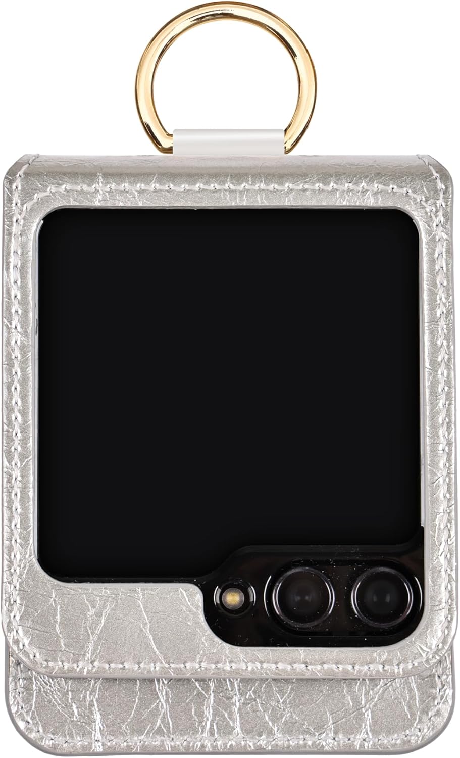 [BeYourSanta] Galaxy Z Flip 5 Case Mars Yard with Card Holder, Camera Cover, and Hinge Protection - Genuine Leather | Ring Holder (Shine Silver, Card Holder : 3 Slots)