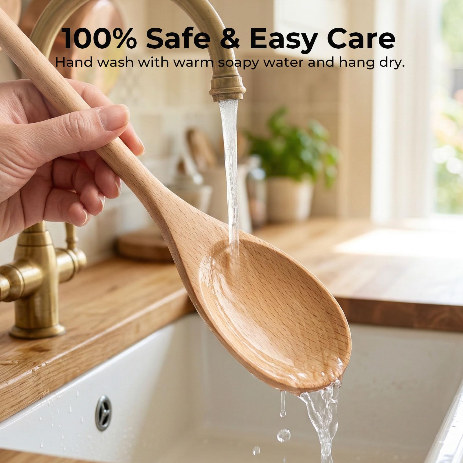 HANSGO 3 cucharas de madera para cocinar, cucharas mezcladoras de mango largo de 12 pulgadas para hornear, degustar, remover alimentos, sopas calientes, utensilios de madera grandes para utensilios de