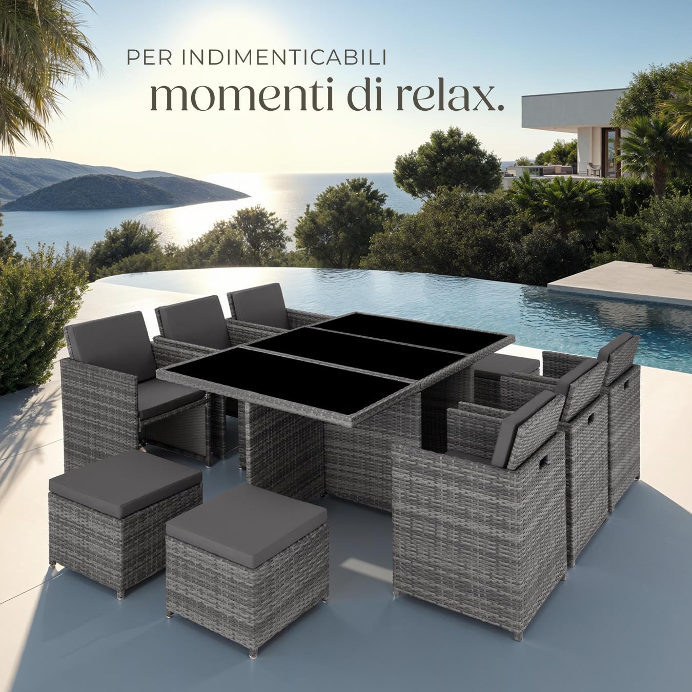 Set di Mobili da Giardino Poli Rattan Alluminio 6 Sedie 1 Tavolo 4 Sgabelli Grigio