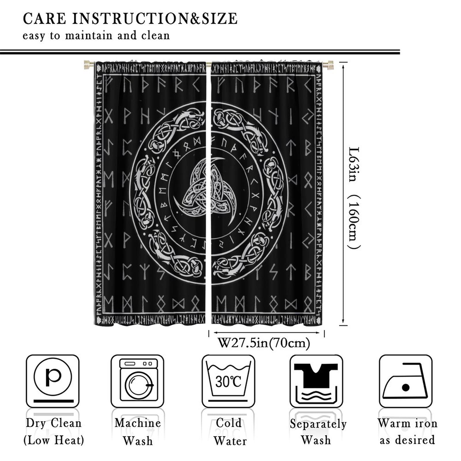 Viking Art Curtains,Ancient Rune Totem Norse Mythology Blackout Window Drapes,Black White Mystical Geometric Norse Window Treatment for Living Room Kids Boys Bedroom 55x63in