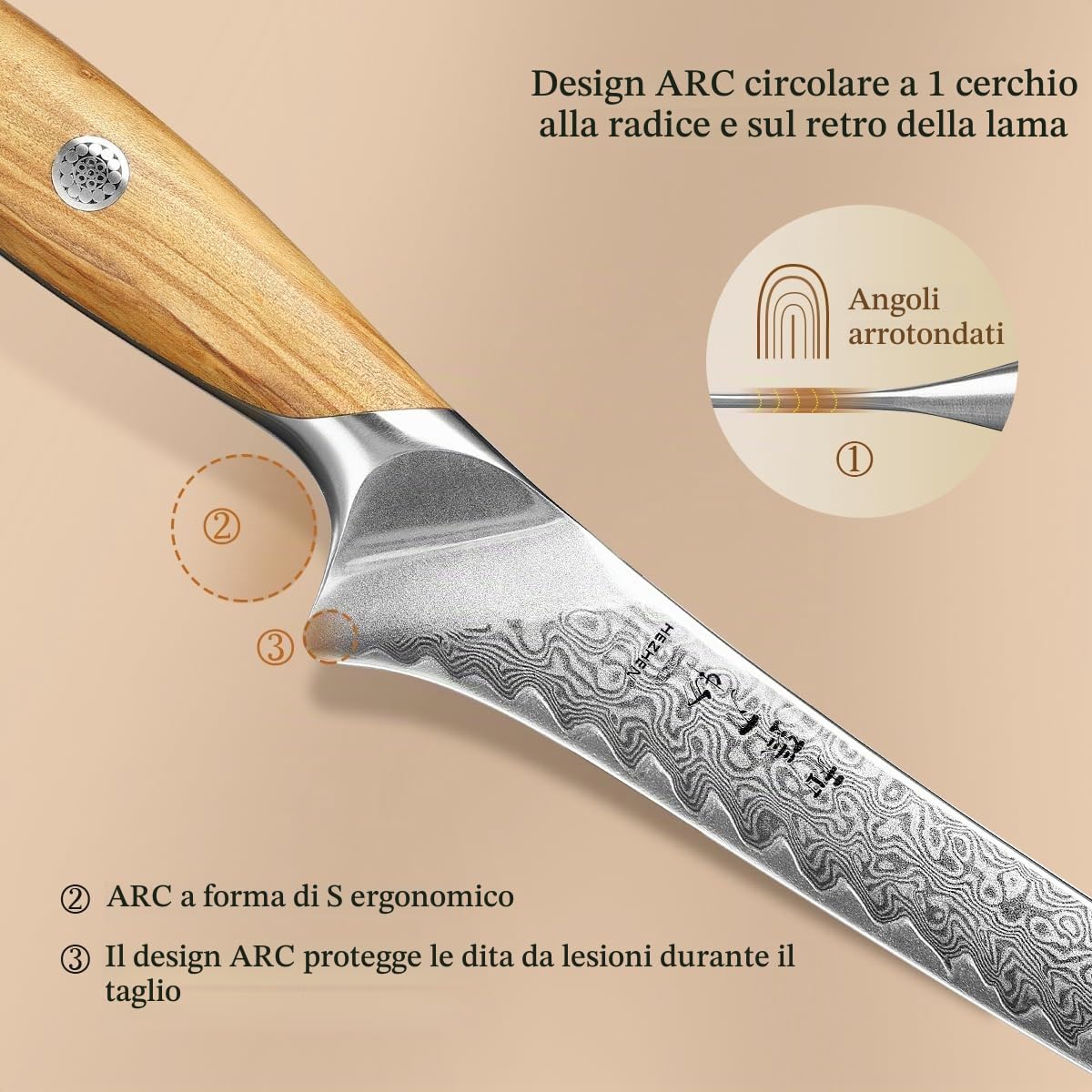 HEZHEN Damasco Coltello per Sfilettare, Coltello Da Filetto Acciaio Damasco Coltelli da Disosso Filettare Professionale, Manico in Legno Ergonomico