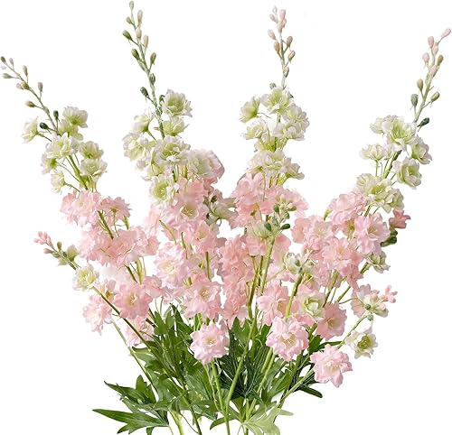 4 flores artificiales de delphinium rosa de 33.5 pulgadas de largo, flores falsas de tallo de alondra, flores falsas de seda para jarrón alto, disponible en Yaxa Peru