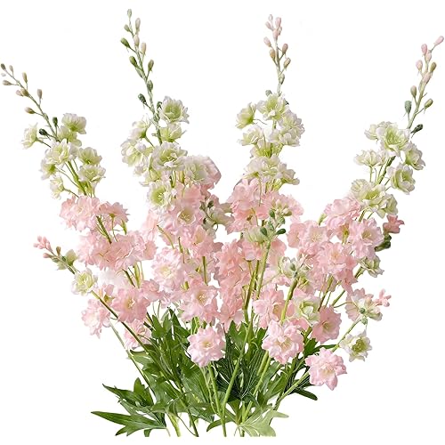 ZYTUYO 4PCS Pink Artificial Delphinium Flower 33.5" Long Faux Larkspur Stem Plant Floral Fake Flowers Silk Bouquets for Tall Floor Vase Home Kitchen Outdoor Indoor Wedding Fall Halloween Decor