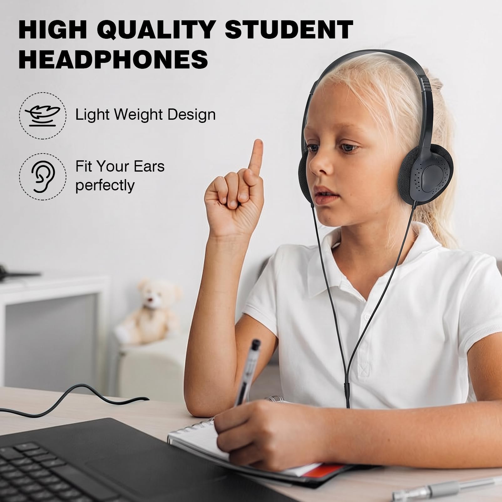 LIROPAU Lot de 20 casques filaires supra-auriculaires pour enfants, bandeau réglable avec prise jack 3,5 mm pour bibliothèque, école, casque filaire pour smartphones, tablettes, ordinateurs portables