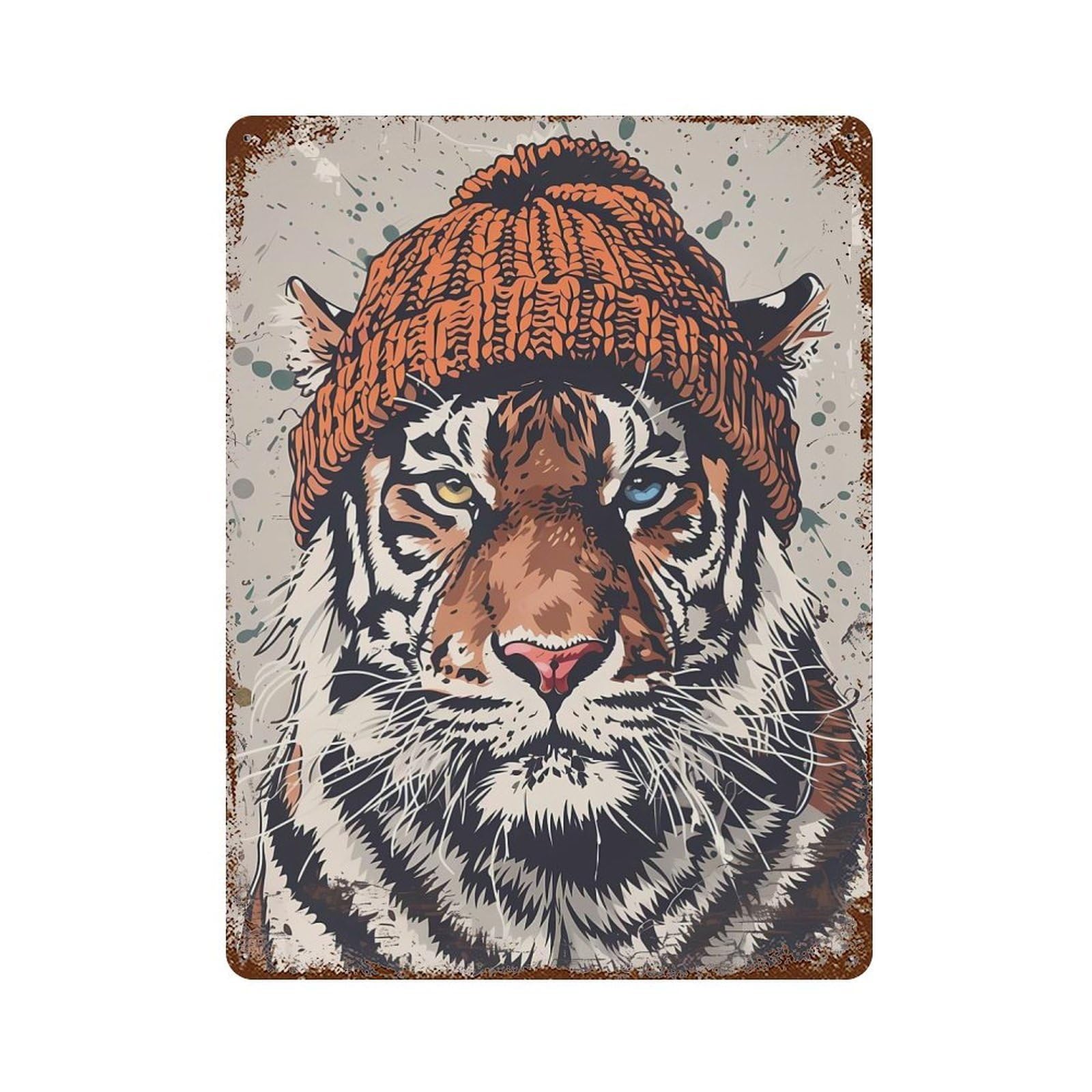 Tiger in Beanie Rustic Tin Plaque 15.7"x11.8", Ideal for Shed, Workshop And Garage Wall Decor