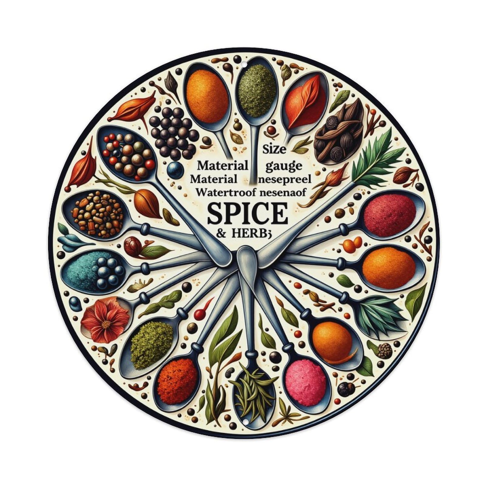 Spice Herb Spoon Pattern Art Round Tin Sign Retro Metal Sign for Cafe Bar Pub Home Game Room Gym Club Wall Decoration Vintage Metal Poster 8x8 Inch