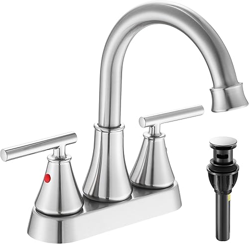 Miniatura 7 de Grifo de lavabo de baño de 4 pulgadas, 2 manijas centrales, níquel cepillado, sin plomo, moderno, grifo de tocador con tapón de drenaje emergente y
