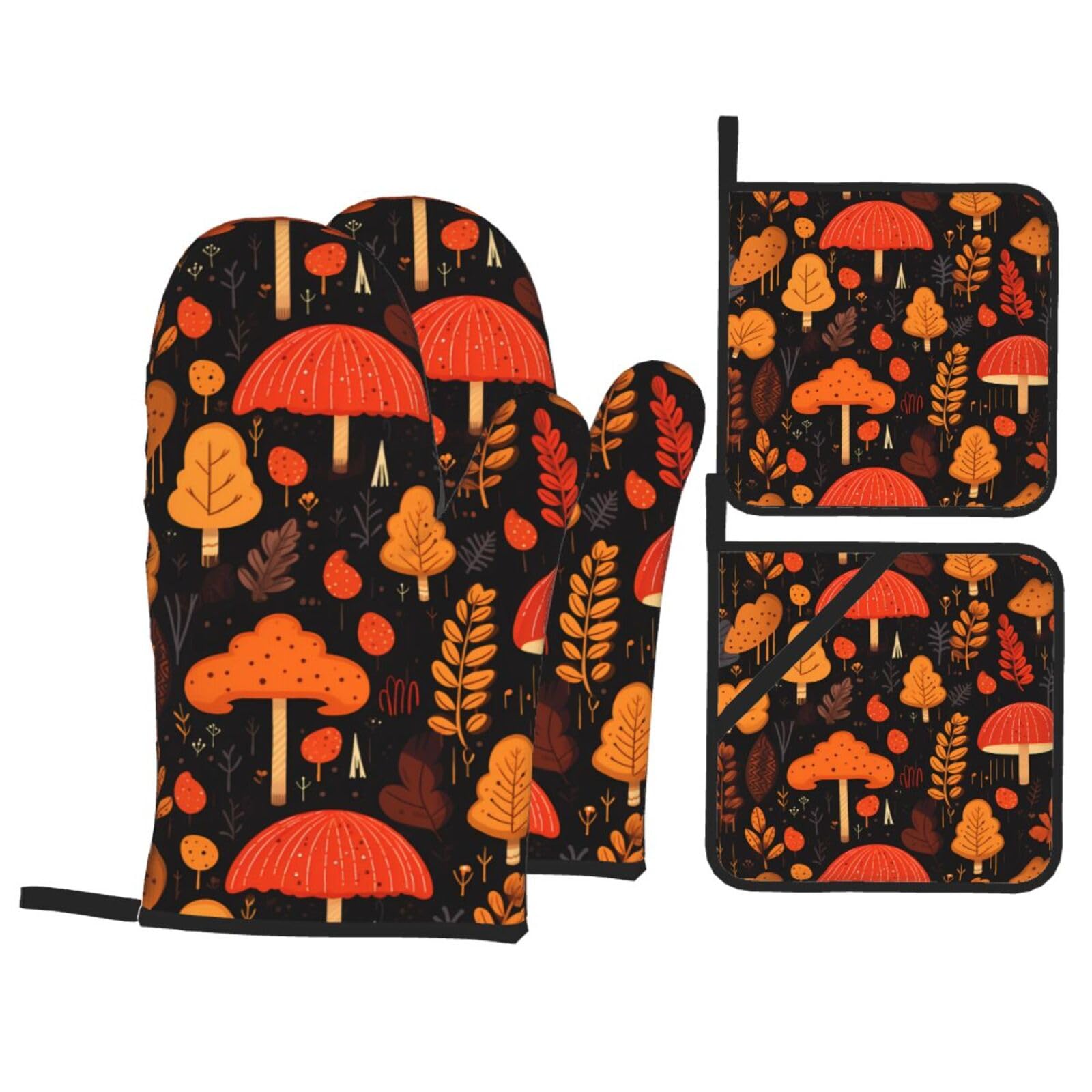 HJFCZH Hello Autumn Picture Kitchen Baking Set of 4 Thick Insulated Oven Mitt & Pot Holders, Anti-Scalding for Microwave, Oven, Outdoor BBQ