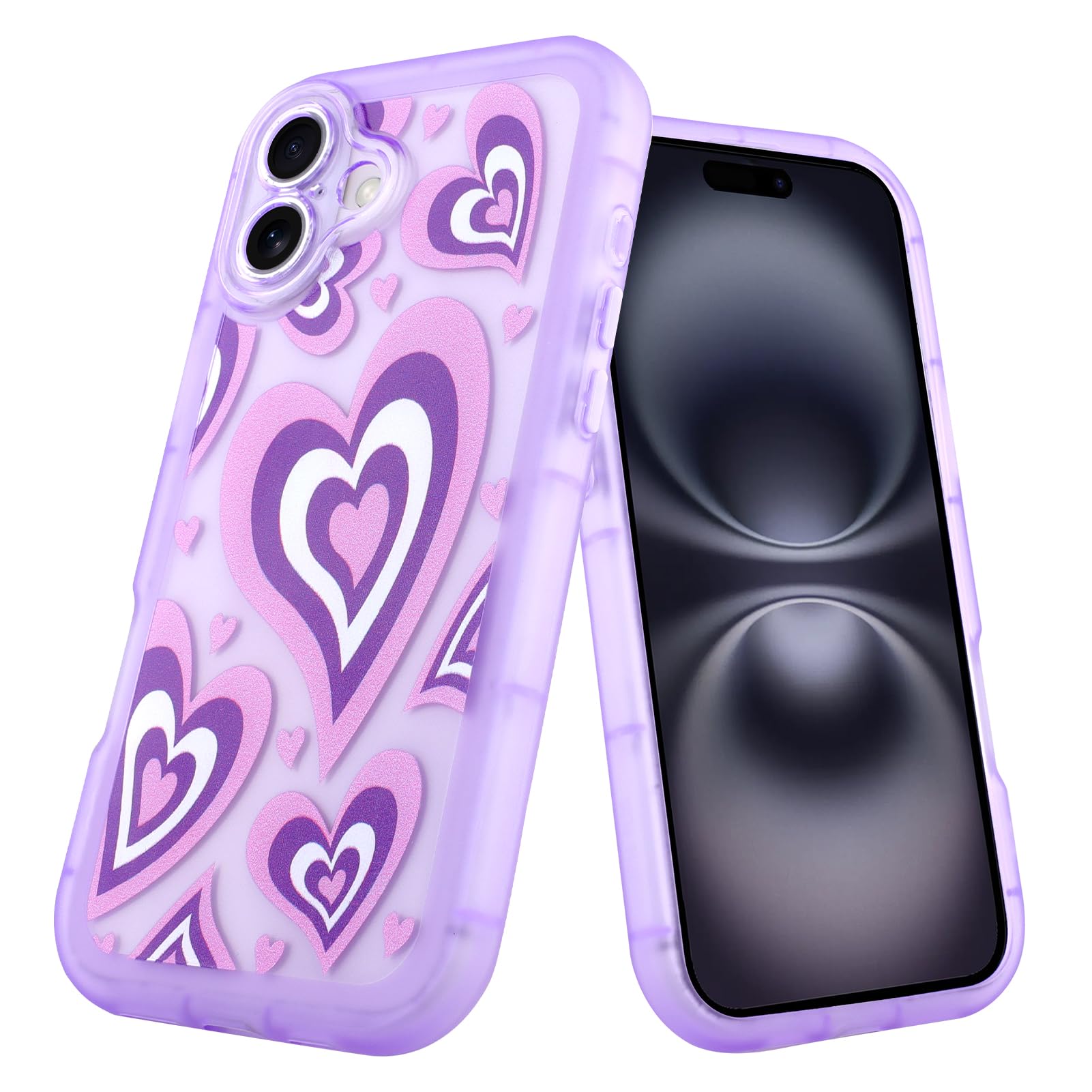 AIGOMARA for iPhone 16 Plus Case Cute Heart Pattern Slim Fit Soft Flexible Shockproof TPU Bumper Protective for Women Girls Purple