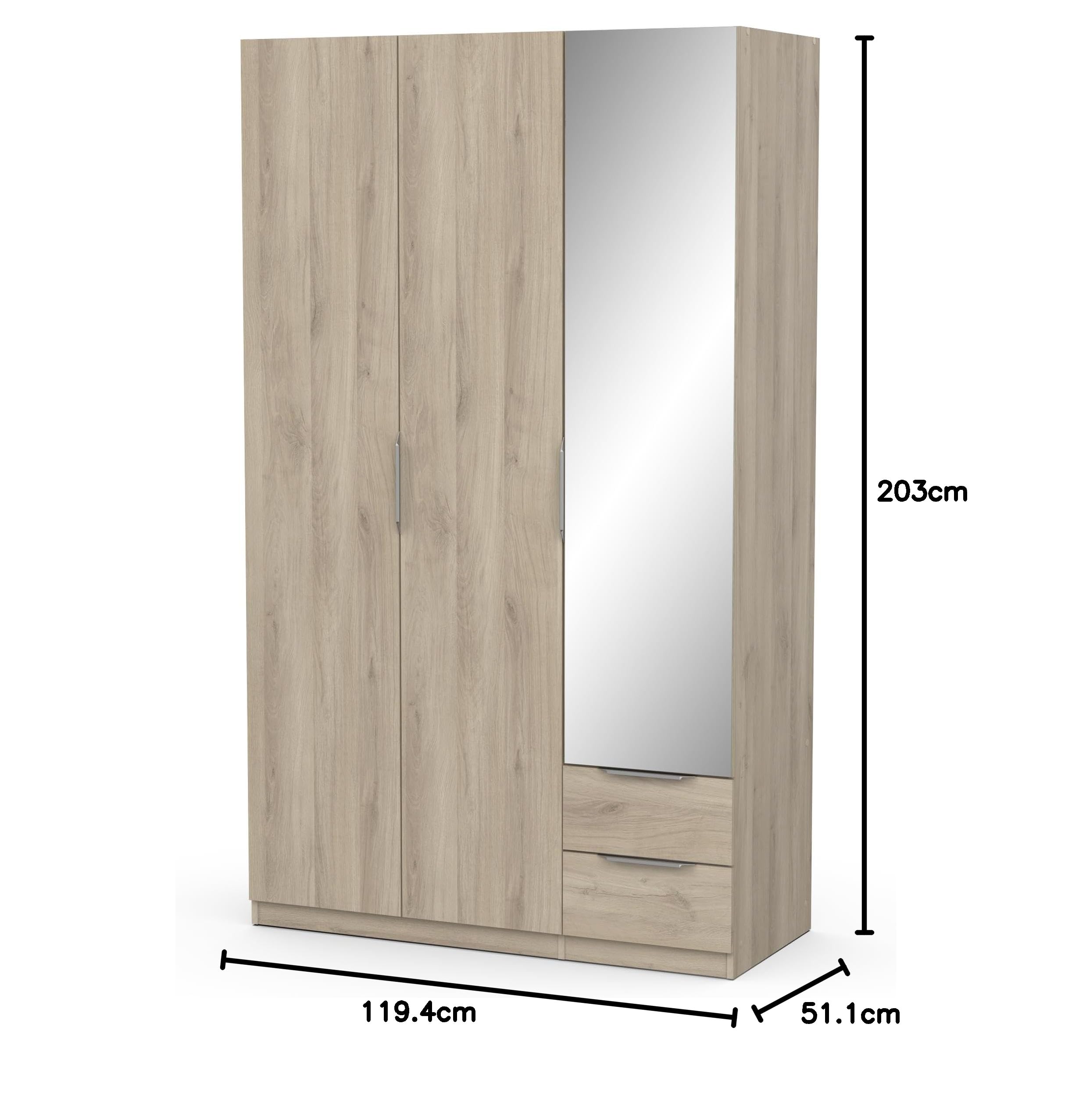 Demeyere 391391 Armadietto Guardaroba con Specchio e Armadio Moderno a 3 Ante 2 Cassetti 4 Nicchie, Colore Rovere Kronberg, 119.4 x 51.1 x 203 cm, Legno Ingegnerizzato, Grigio