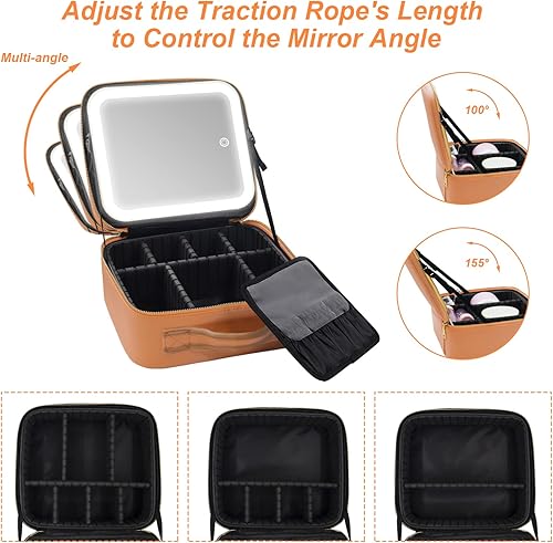 Miniatura 4 de RRtide Bolsa de maquillaje con espejo de luz LED, estuche de viaje para maquillaje, organizador de bolsas de cosméticos con divisores ajustables,