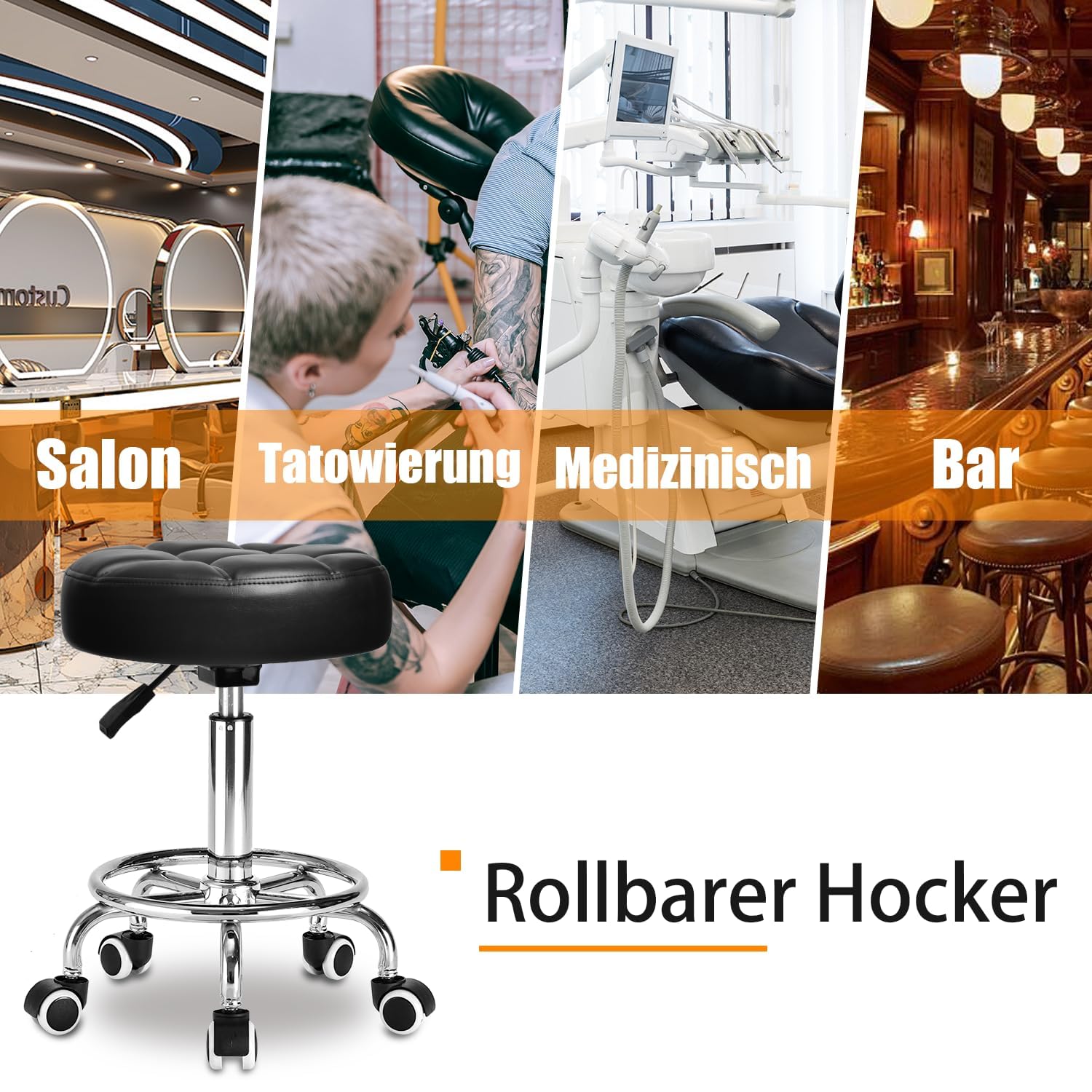 Rollhocker PU Leder Rund Gepolstert, Arbeitshocker Höhenverstellbar Rollen mit Fußstütze , 360° - Drehung Drehocker ，Tragfähigkeit 150kg für Spa Zeichnung Salon Arbeit Büro Tattoo Hocker. (Tinte)