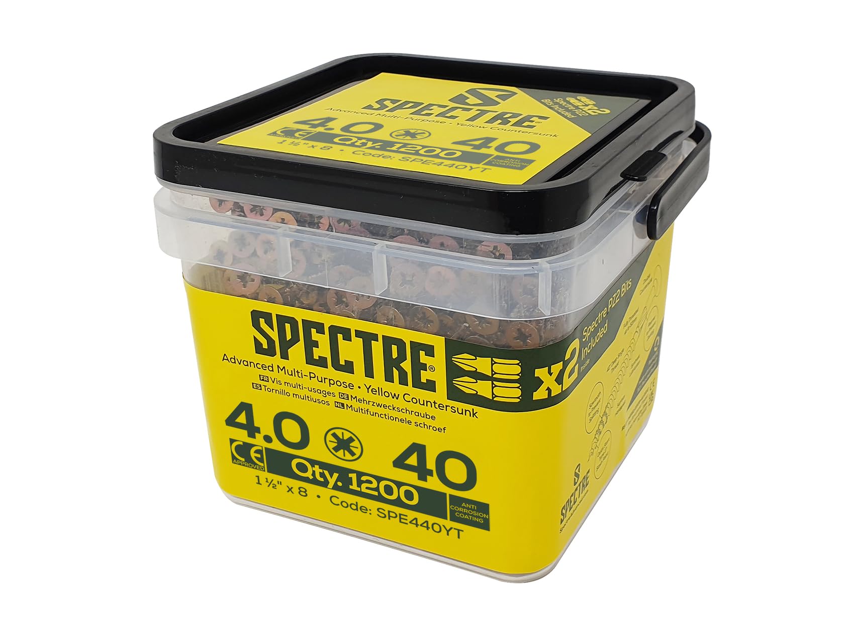 Spectre™ PZ Compatible Wood Screw CSK ZYP 4.0 x 40mm Tub 1200, Yellow, 4 x 40mm