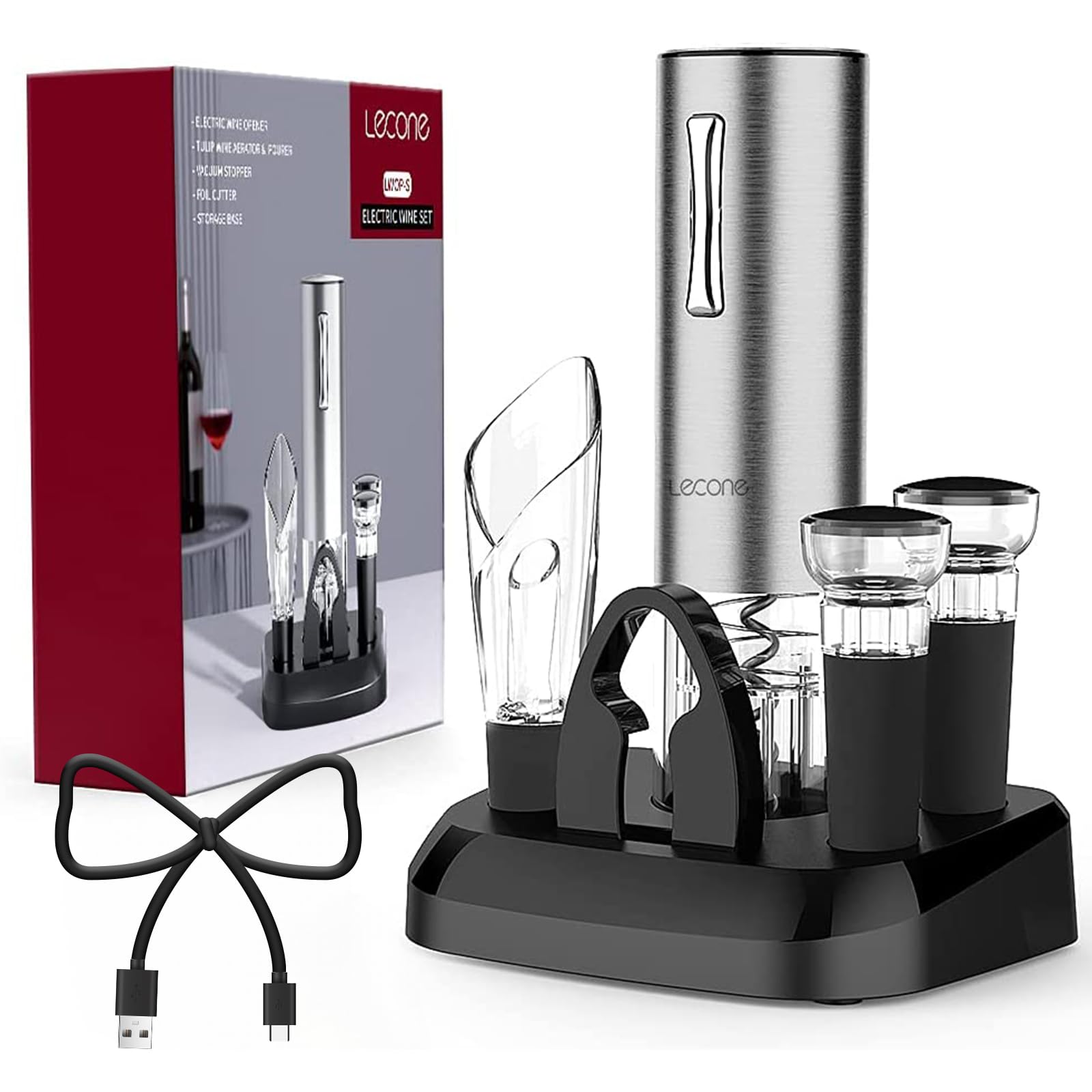 Set Apribottiglie Elettrico 7 In 1, Cavatappi Professionale con Tagliapasta Stagnola, Tappo Vuoto, Versatore USB