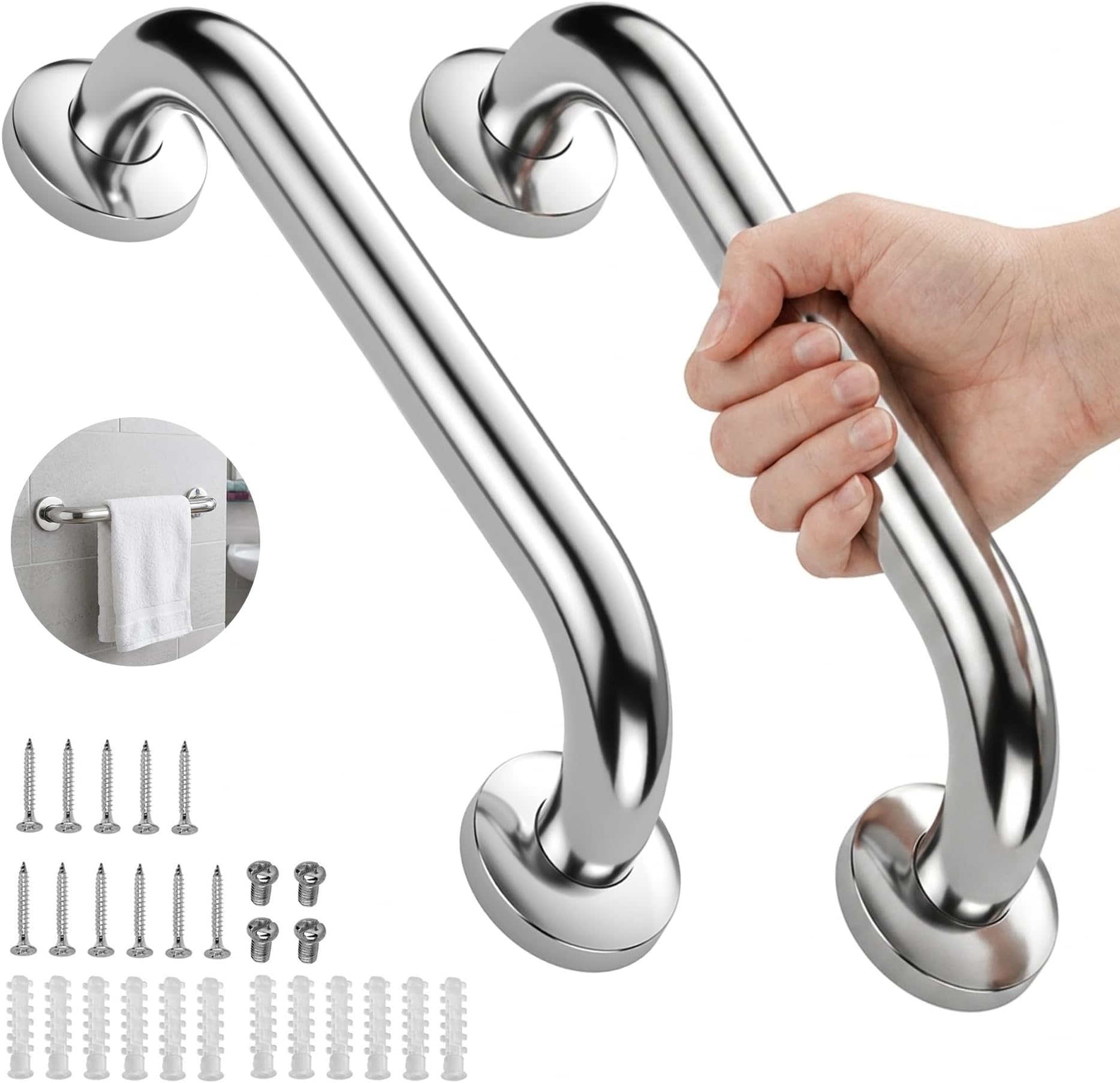 Gotega 2 Pack Bathroom Grab Rail, 12 Inch Stainless Steel Shower Hand Rail, Grab Handles, Safety Hand Rail Mobility Aids for Elderly, Children and Disability